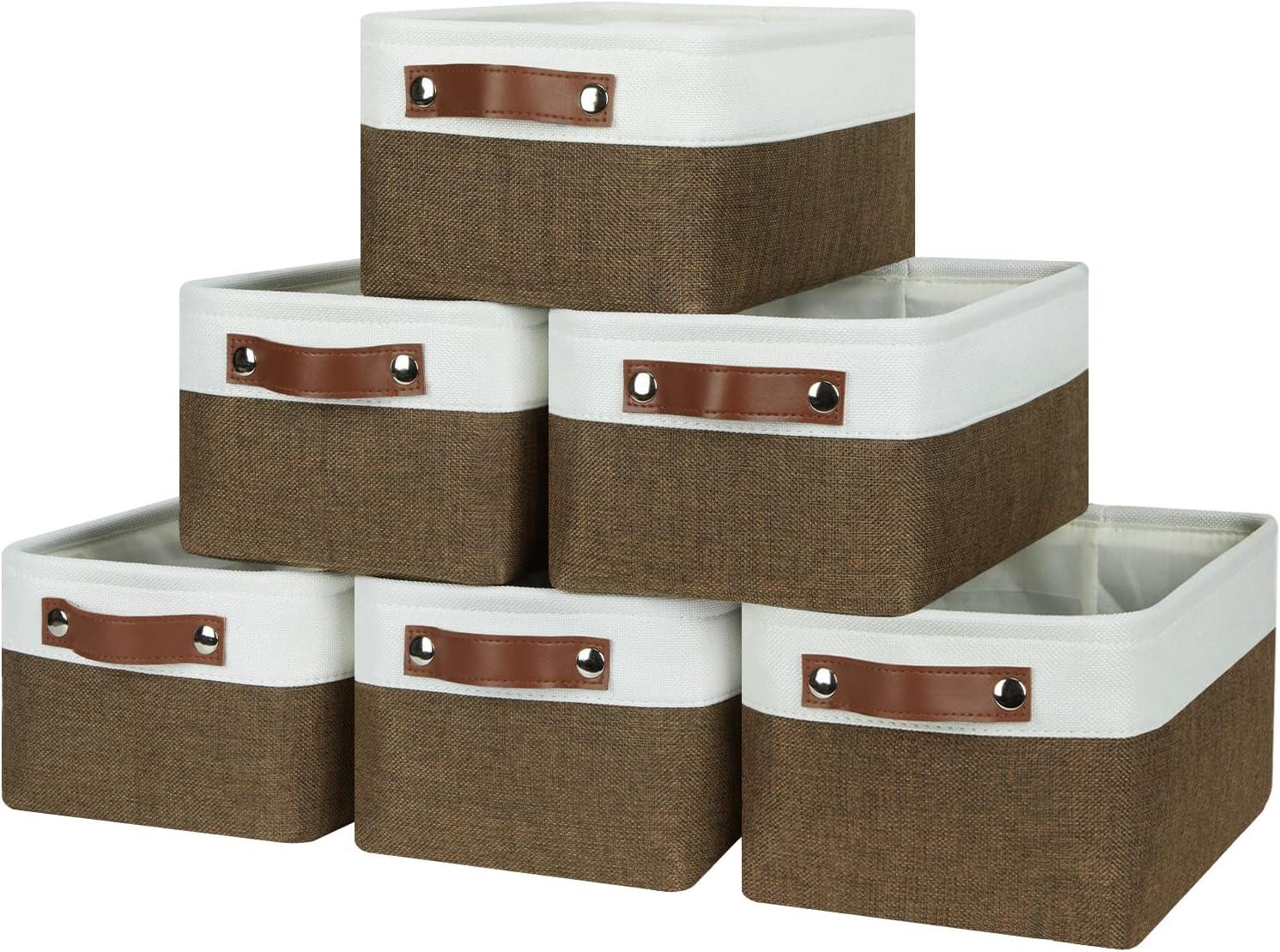 White Rectangular Fabric Storage Bins with Leather Handles, Set of 6