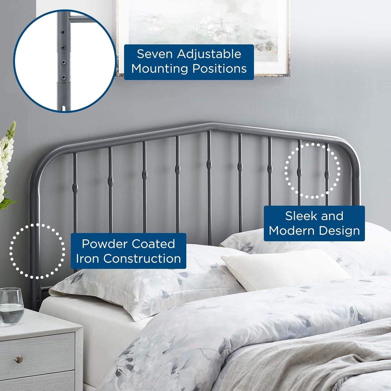 Modway Lennon Modern Farmhouse Metal Adjustable Headboard, Queen, Gray