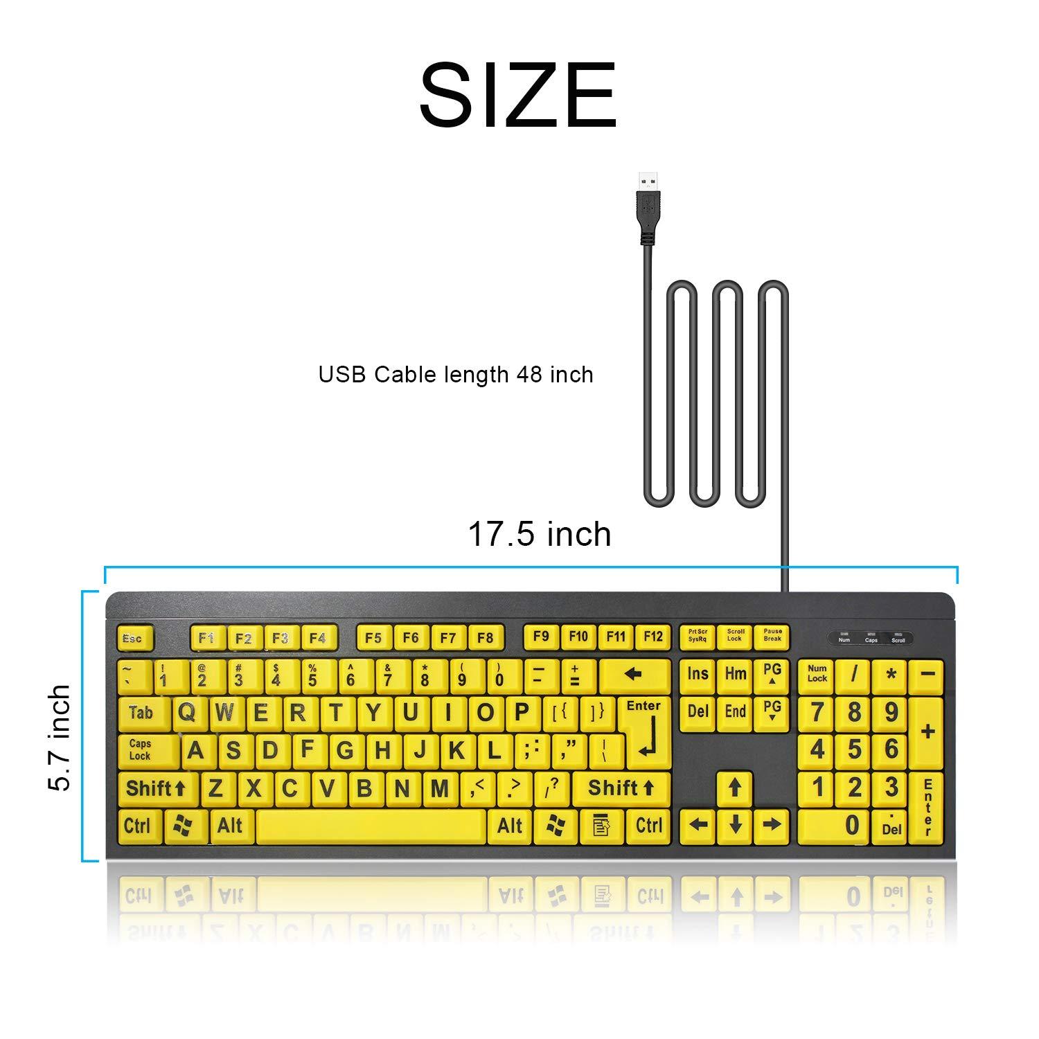 Large Print Computer Keyboard, Wired USB High Contrast Keyboard with Oversized Print Letters for Visually Impaired Low Vision Individuals (Yellow+Black)