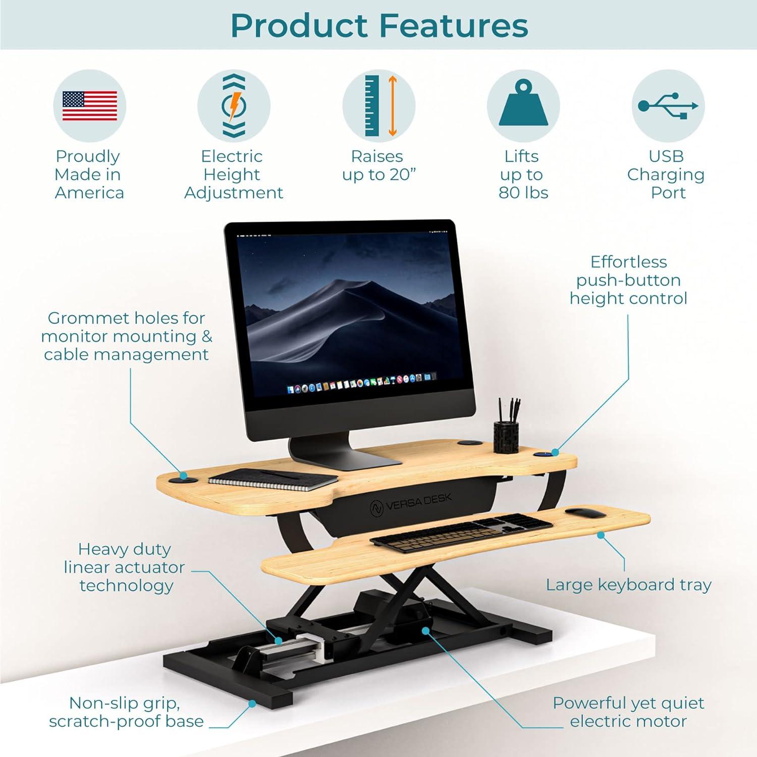 VersaDesk PowerPro 36" x 24" Electric Height Adjustable Standing Desk Converter for Home and Office, Maple, w/ USB Charging Port