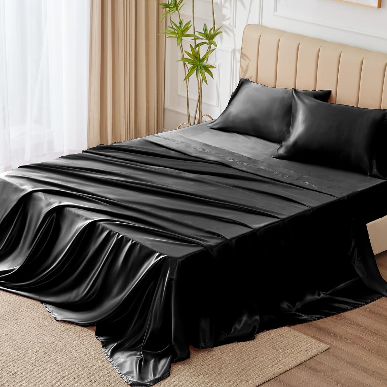 Black Satin Full Size 4-Piece Deep Pocket Sheet Set