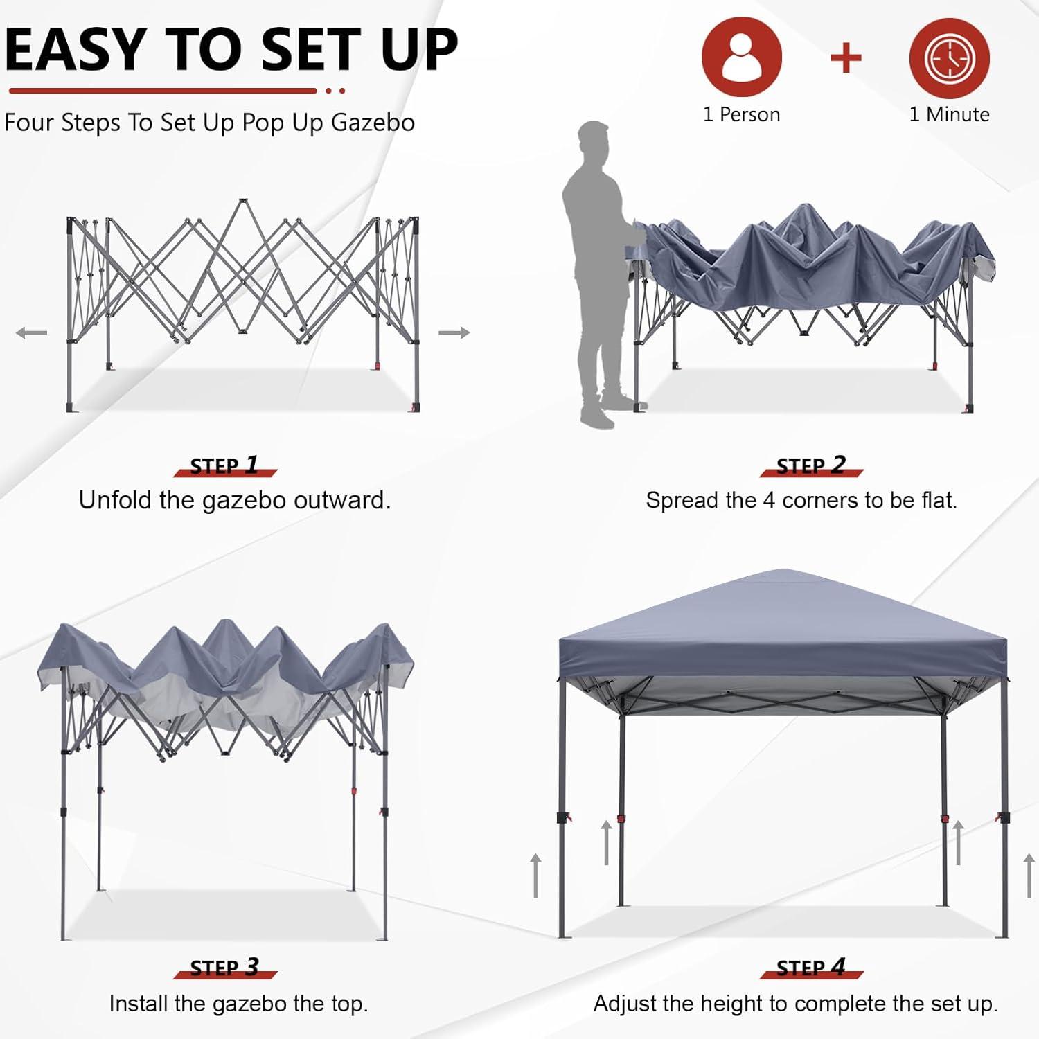 ABCCANOPY 10 ft x 10 ft Easy Pop up Outdoor Portable Instant One Push Function Canopy Tent with Air Vent, Gray