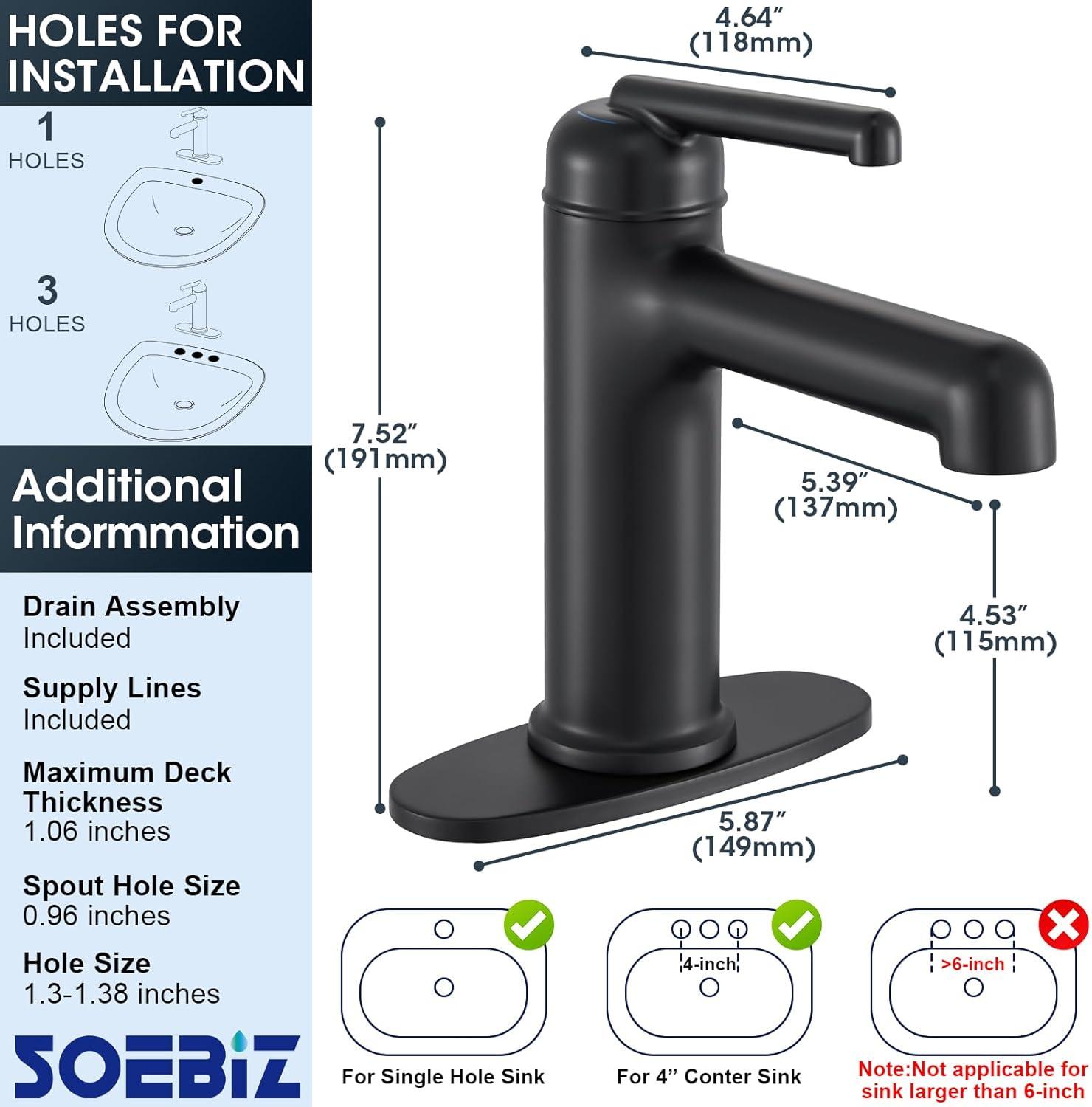 Bathroom faucet single hole with pop-up drain for 1-hole or 3-hole installation