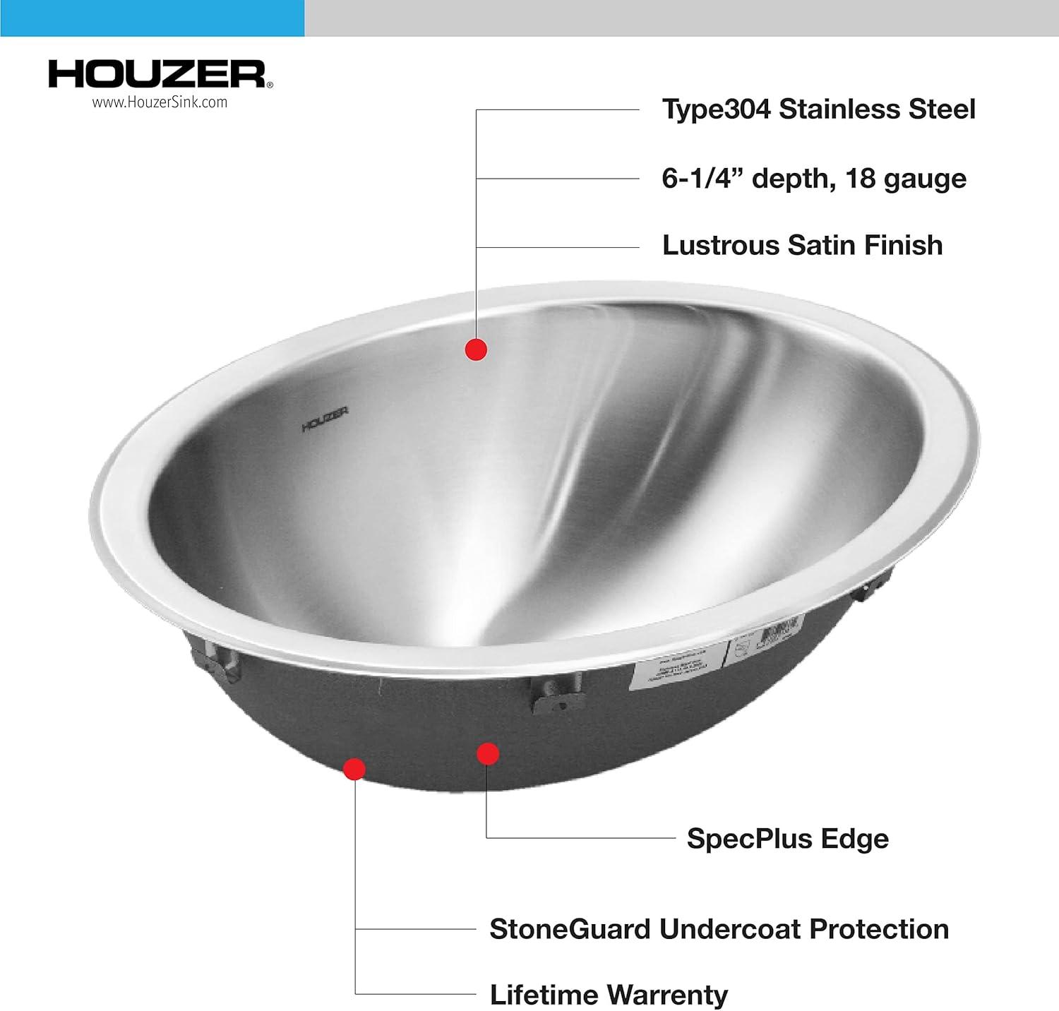 HOUZER CHT-1800-1 Opus 18 inch Stainless Steel Drop-in Oval Bathroom without Overflow-CHT-1800-1 Sink, 17-3/4" x 13-9/16" x 6"