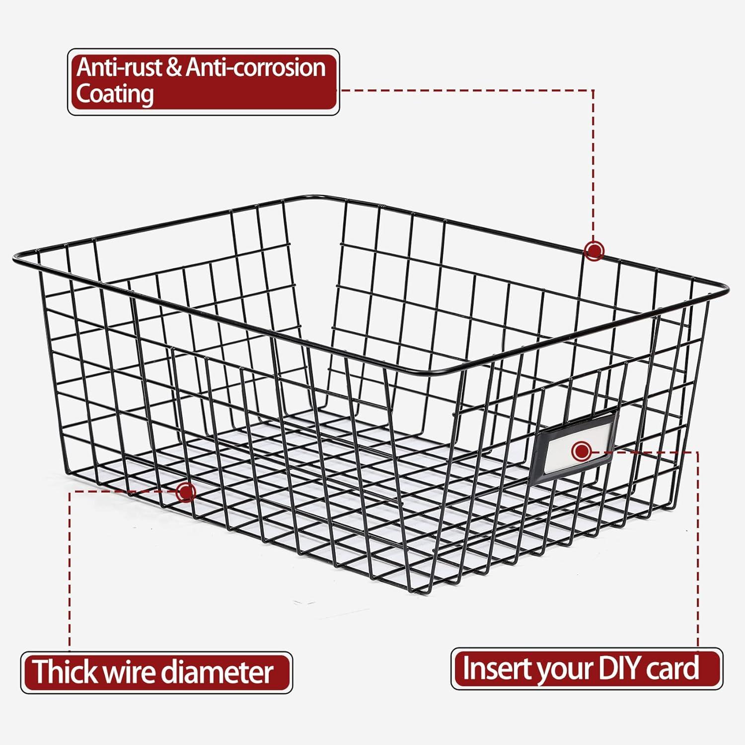 6 Pack [ Extra Large ] Wire Storage Baskets For Organizing With Lables, Pantry Organization Bins Cabinets - Metal Basket Kitchen, Laundry, Garage, Fridge, Bathroom Countertop Organizer