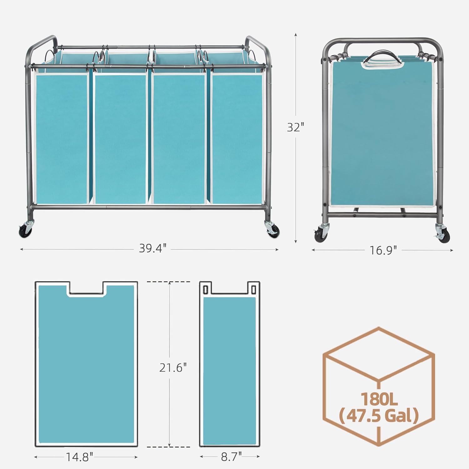 Laundry Sorter 4 Section, Laundry Hamper with Wheels, Laundry Basket Sorter, Laundry Separator Hamper, Laundry Divider Hamper, 4 Bag Laundry Hamper with Wheels and Removable Bags, Gray