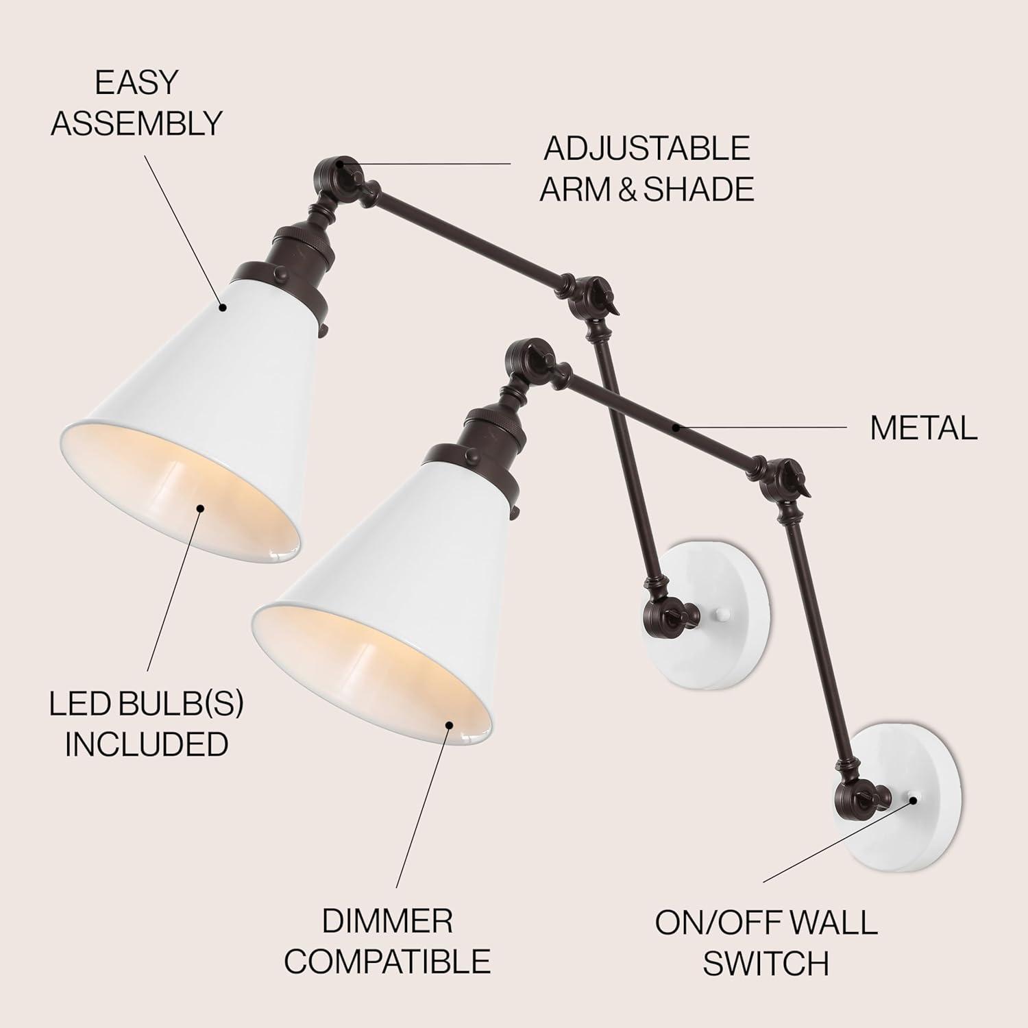 JONATHAN Y Rover 7" Classic Industrial Metal Adjustable Arm LED Wall Sconce, White/Oil Rubbed Bronze (Set of 2)