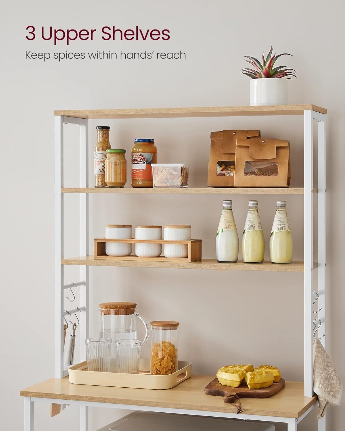 Oak and White 6-Tier Industrial Kitchen Baker's Rack with Storage