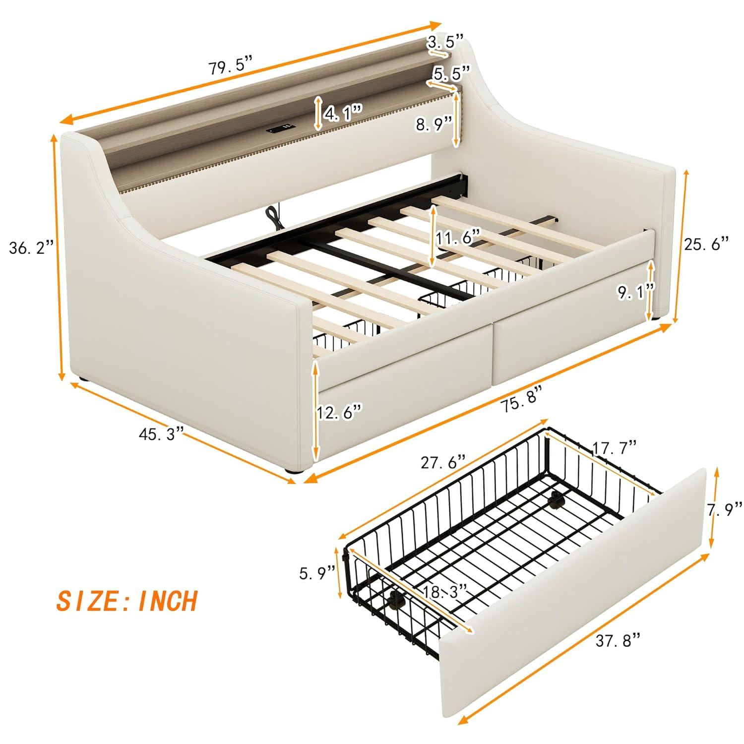 Miekor Muebles Sofá Cama Twin con Cajones de Almacenamiento, Sofá Cama Tapizado con Estación de Carga y Luces Led, Beige (Artículo Antiguo W1580S00022) 00033