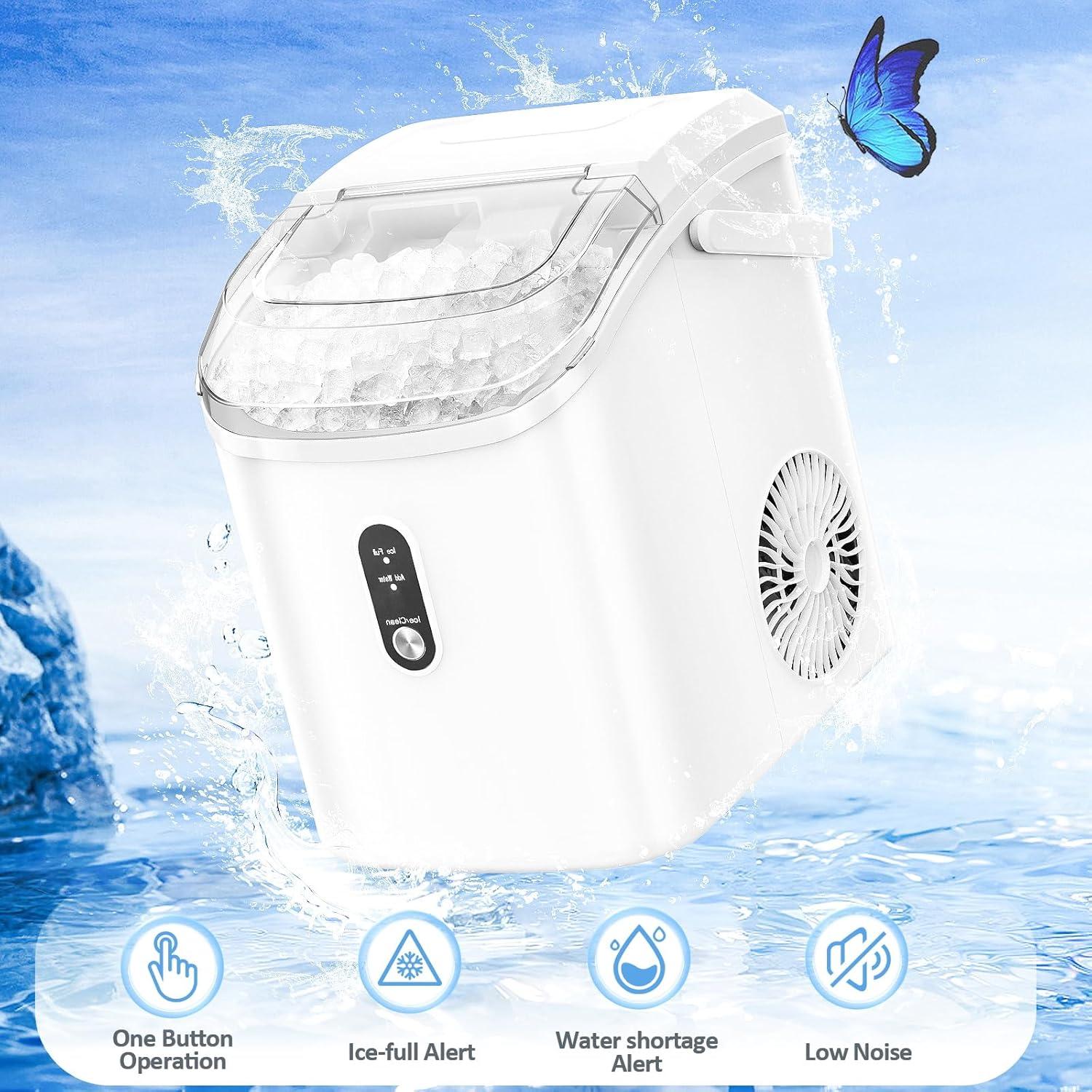 White Portable Countertop Nugget Ice Maker with Self-Cleaning