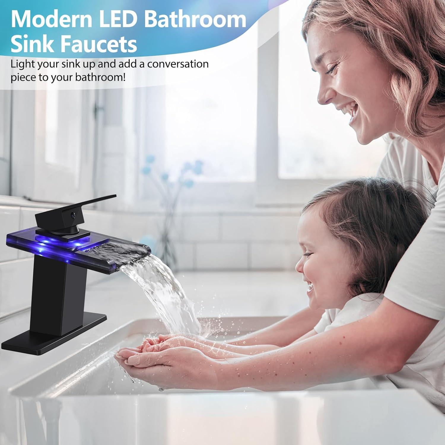 LED Bathroom Sink Faucet, Matte Black Waterfall Single Handle Vanity Faucets for Sinks 1 Hole with Metal Pop Up Drain and 2 Water Supply Lines, Open Glass Spout