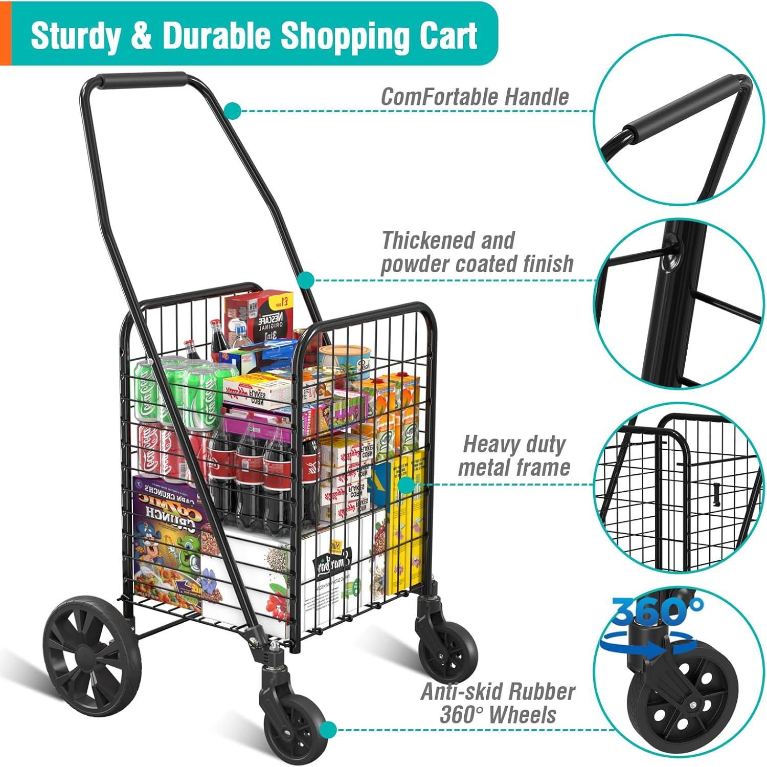 Black Metal Folding Utility Cart with 360° Swivel Wheels