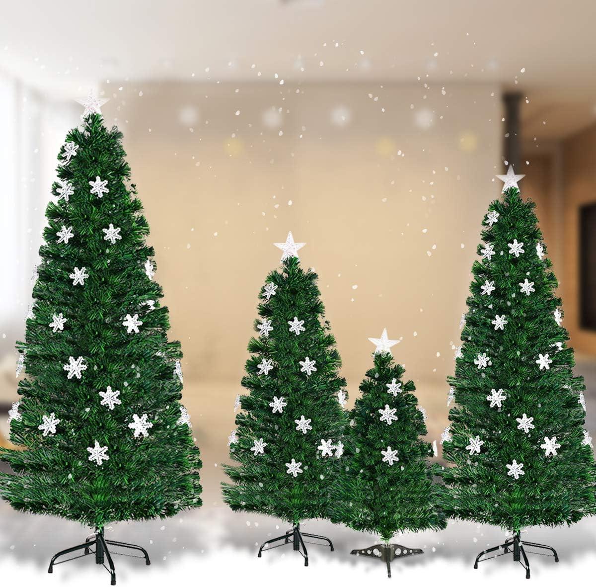 Tangkula 5'Pre-Lit Optical Fiber Artificial Christmas Tree w/ Multicolor LED Lights Snowflakes