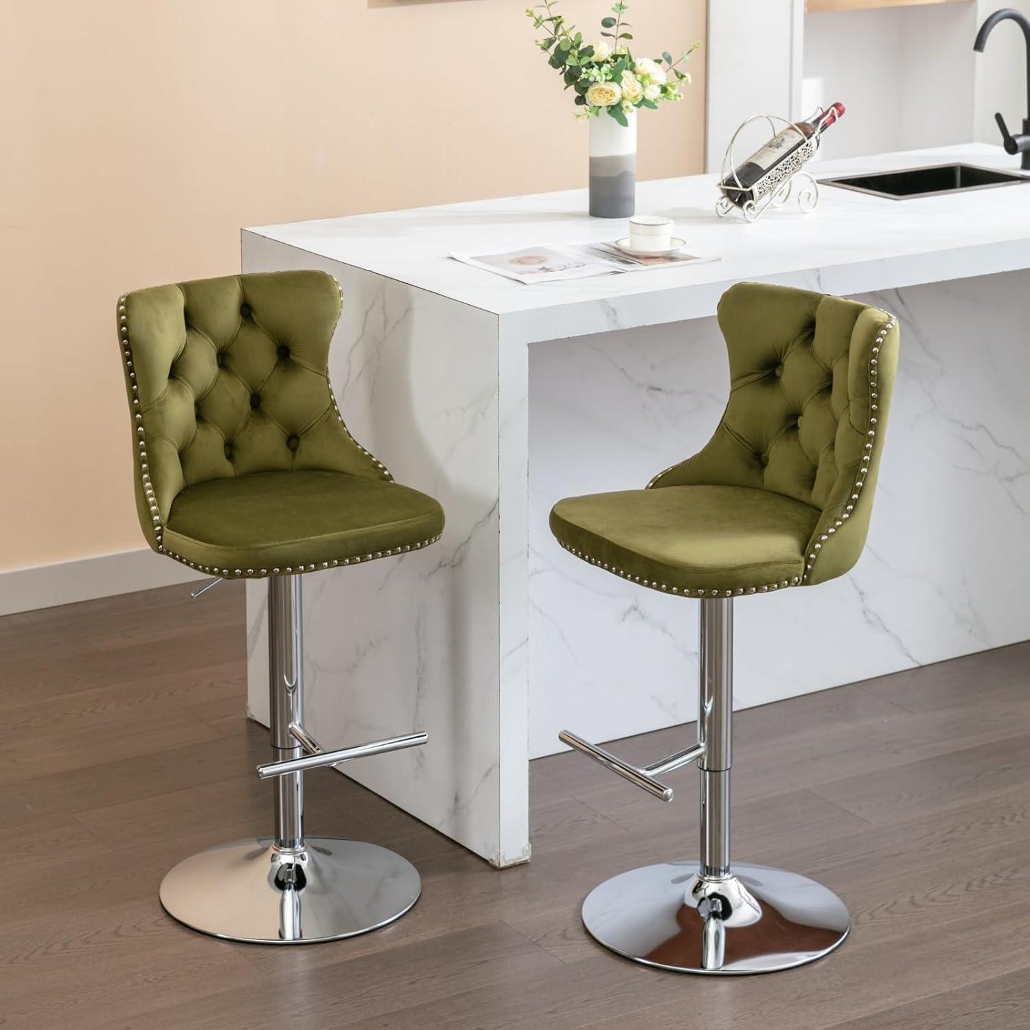 Olive Green Velvet Adjustable Swivel Bar Stools with Chrome Base