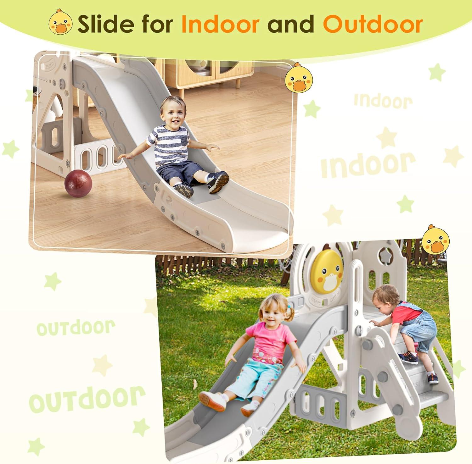 Gray and White 5-in-1 Toddler Slide with Basketball Hoop