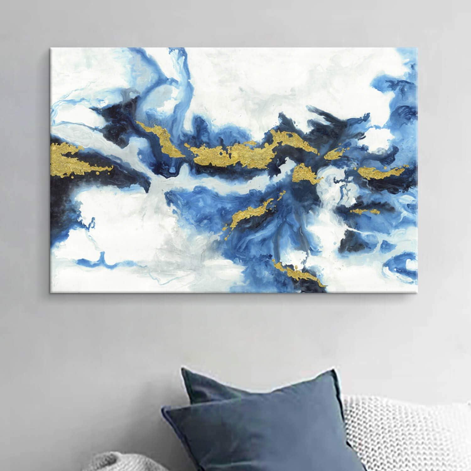 Blue And Gold Wall Decor Set Abstract Canvas Wall Art Decor Colorful Oil Painting Artwork Picture For Bedroom Living Room Bathroom Decorations Aesthetic(12''''x16'''')