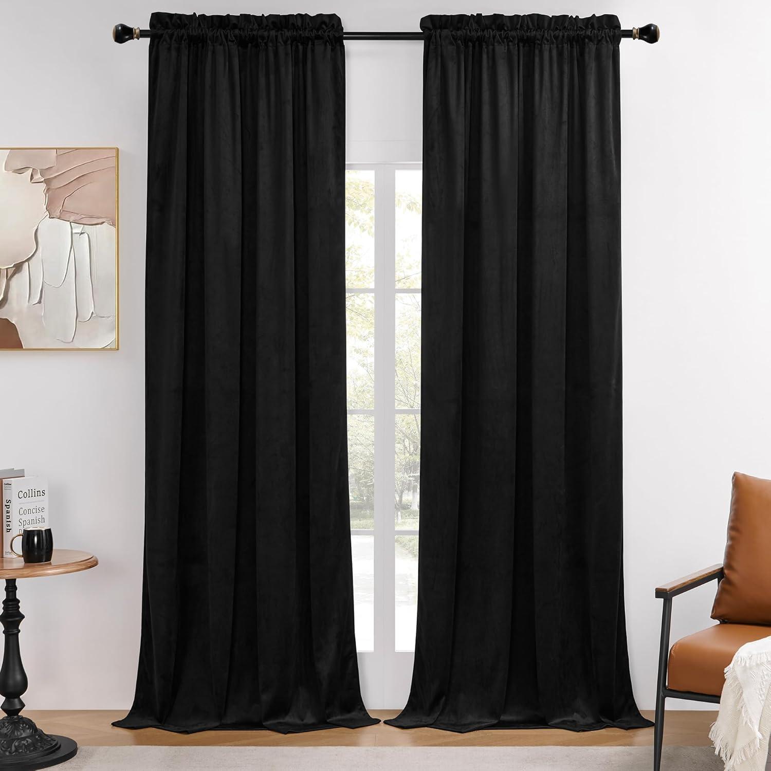 JIUZHEN Black Velvet Curtains for Living Room -96 inches Long Rod Pocket Thermal Insulated Room Darkening Window Drapes for Bedroom, Set of 2 Panels with Tiebacks, 52 x 96 inches