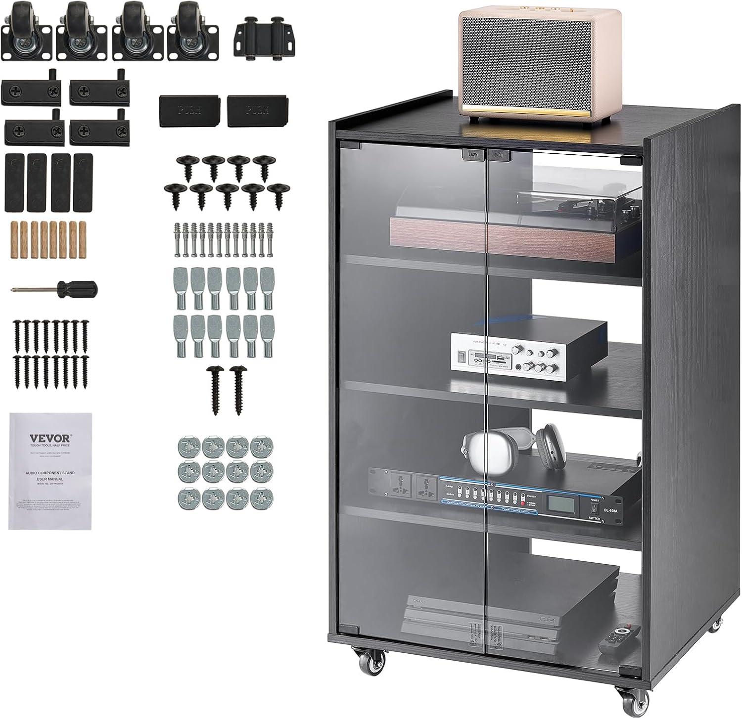 VEVOR 5-Tier AV Media Stand with Wheels, Wooden Audio-Video Media Stand for DVD Players/Cable Boxes/Games Consoles