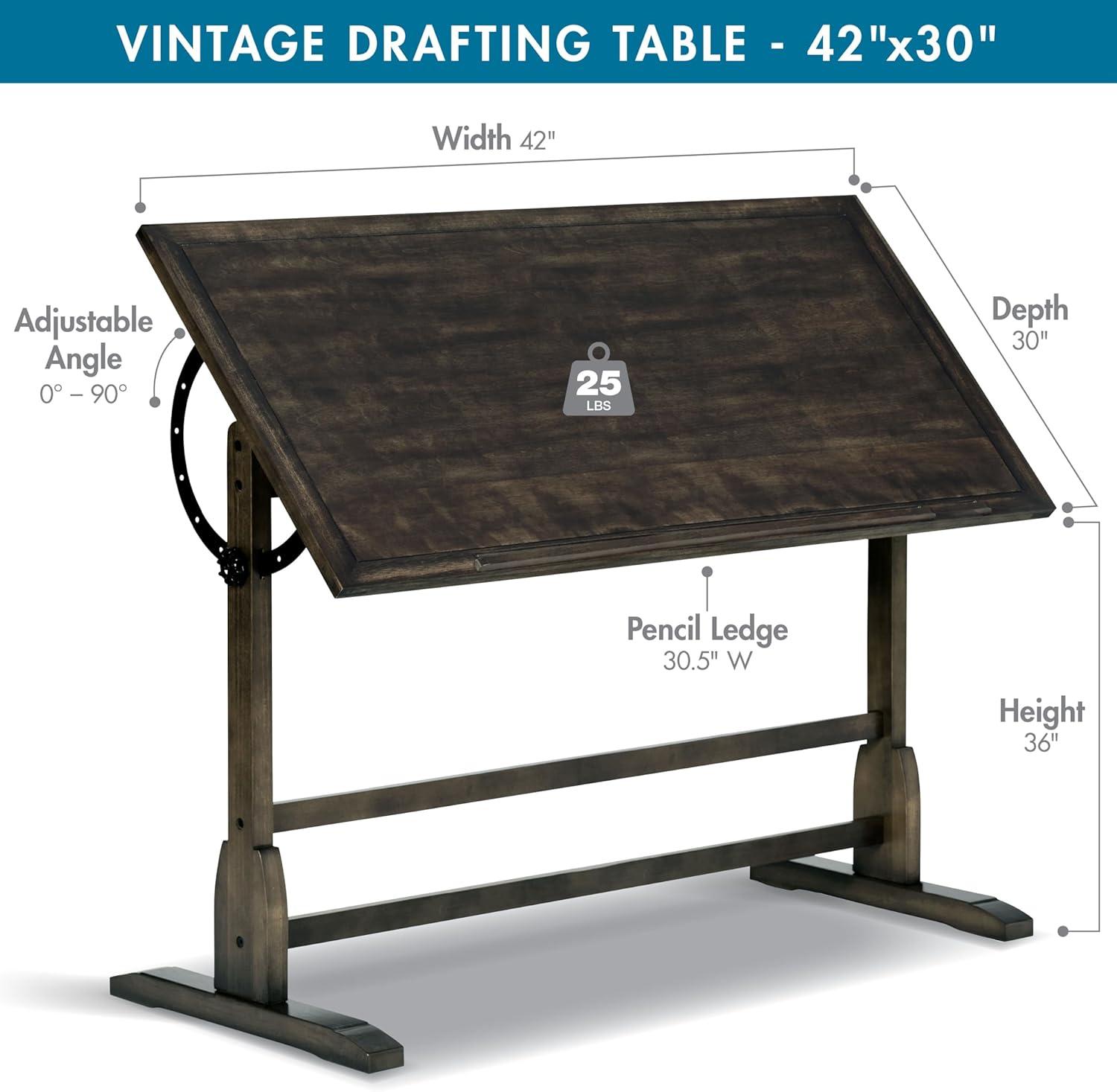Vintage Solid Wood Drawing/Drafting Table with 42" x 30" Adjustable Tilting Top