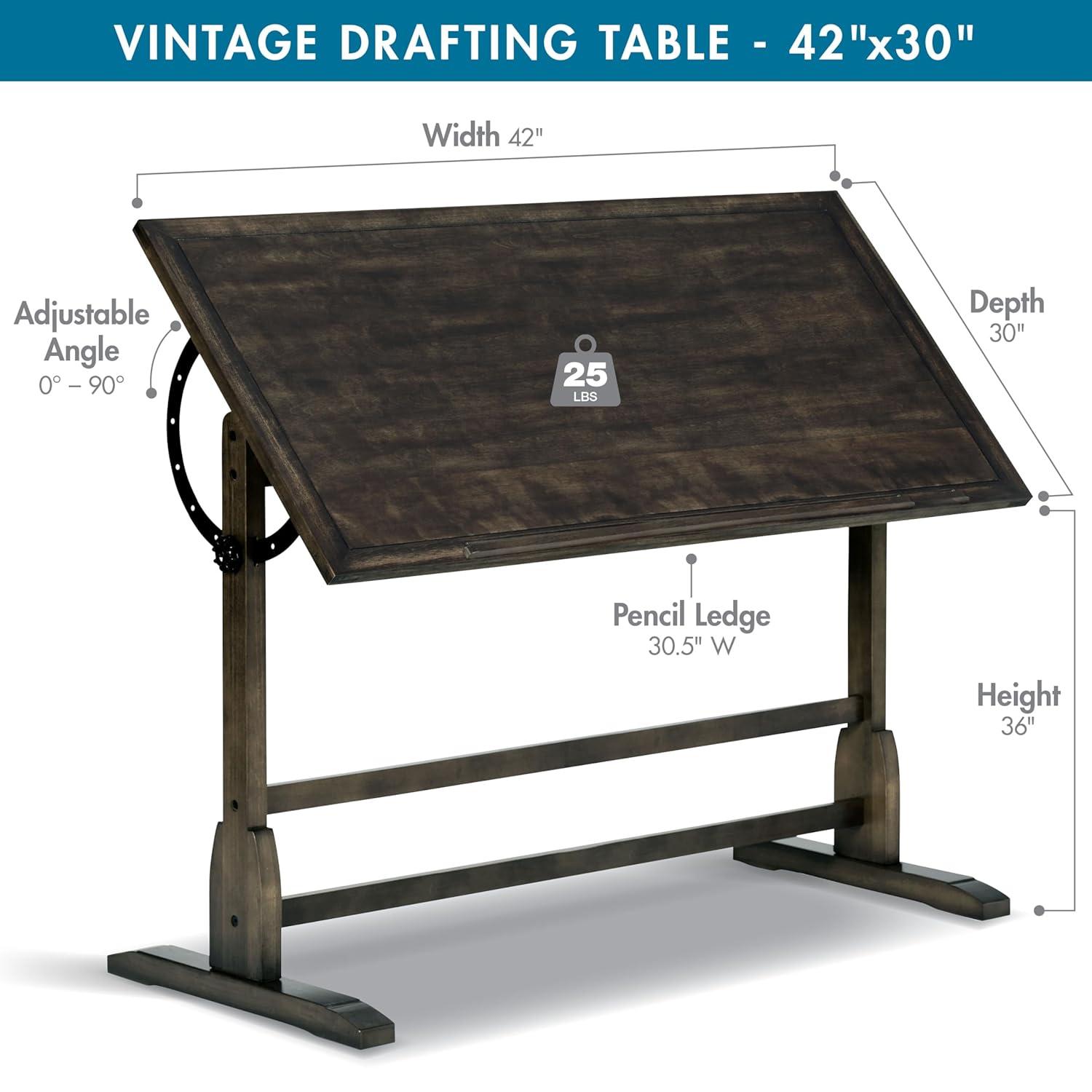 Vintage Solid Wood Drawing/Drafting Table with 42" x 30" Adjustable Tilting Top