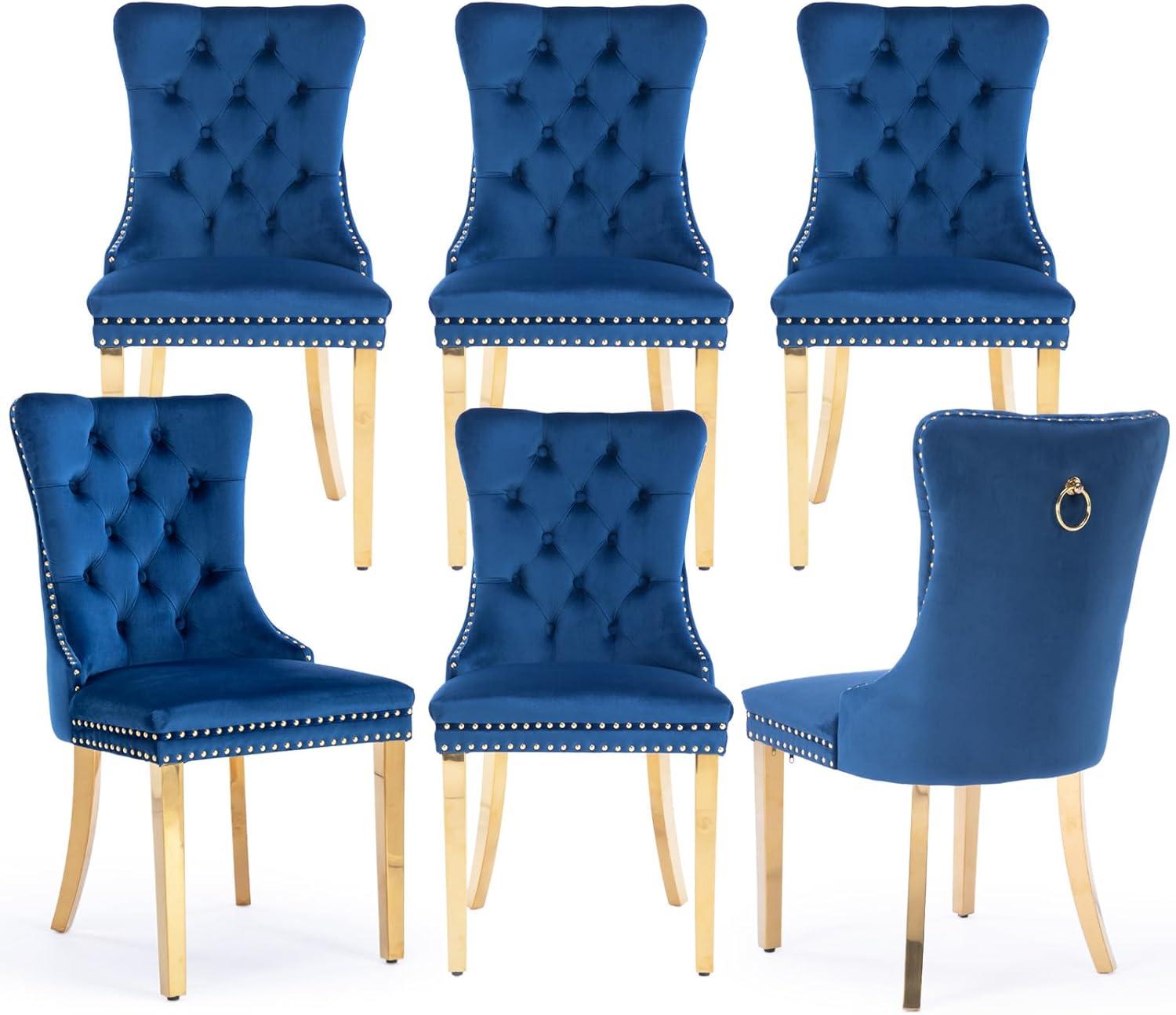 Deep Blue Velvet Upholstered Dining Chairs with Gold Legs, Set of 6