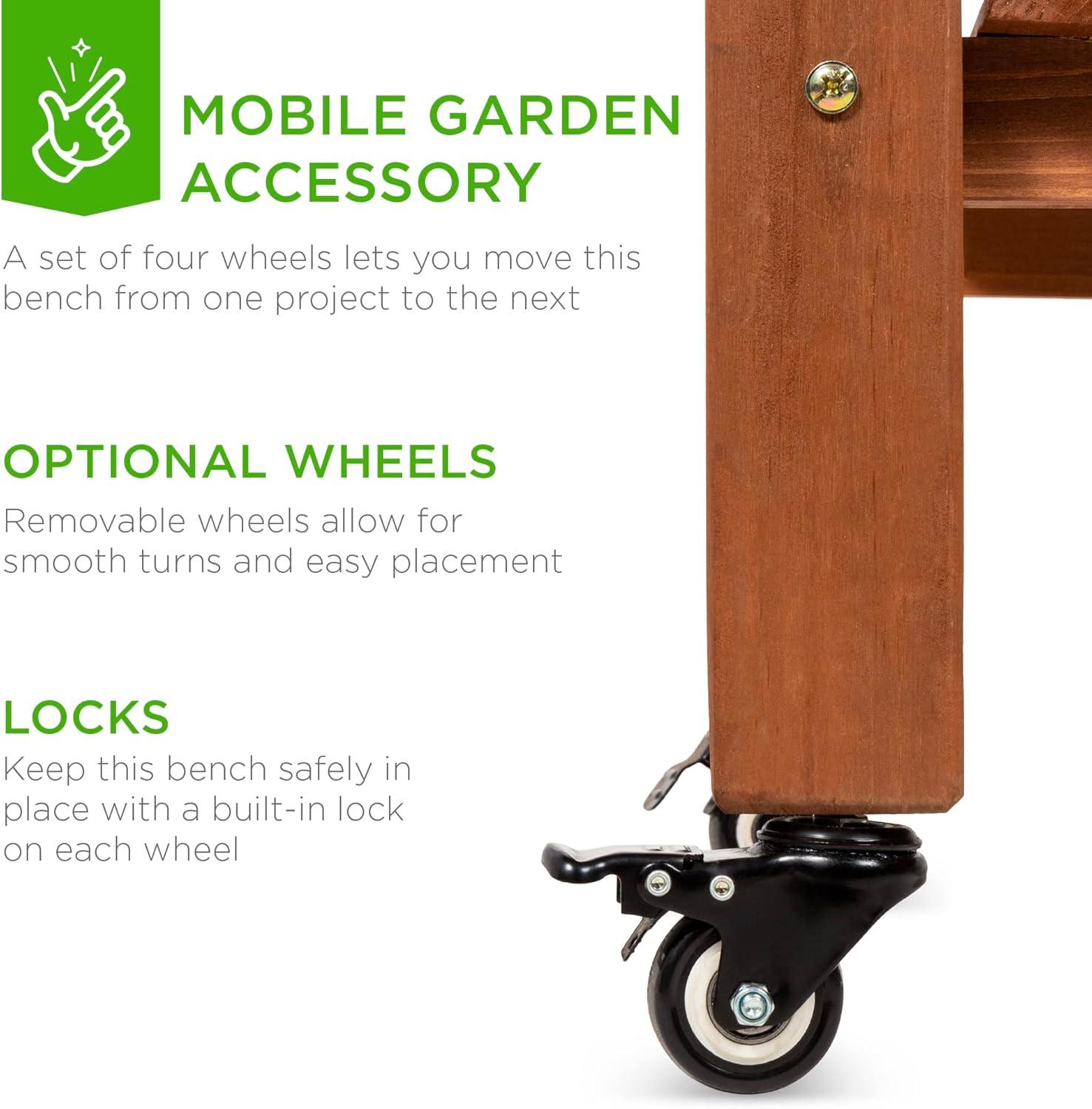 Best Choice Products Wood Garden Potting Bench Workstation Table w/ Sliding Tabletop, 4 Locking Wheels, Dry Sink - Brown