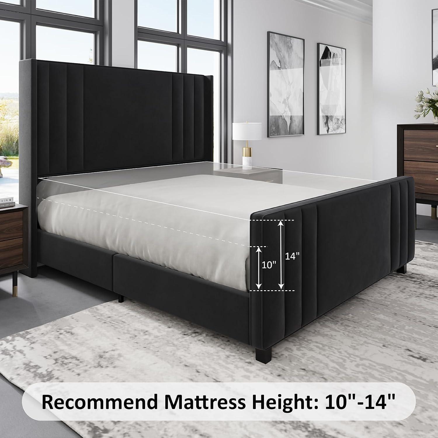 Queen Black Velvet Upholstered Platform Bed with Tufted Headboard