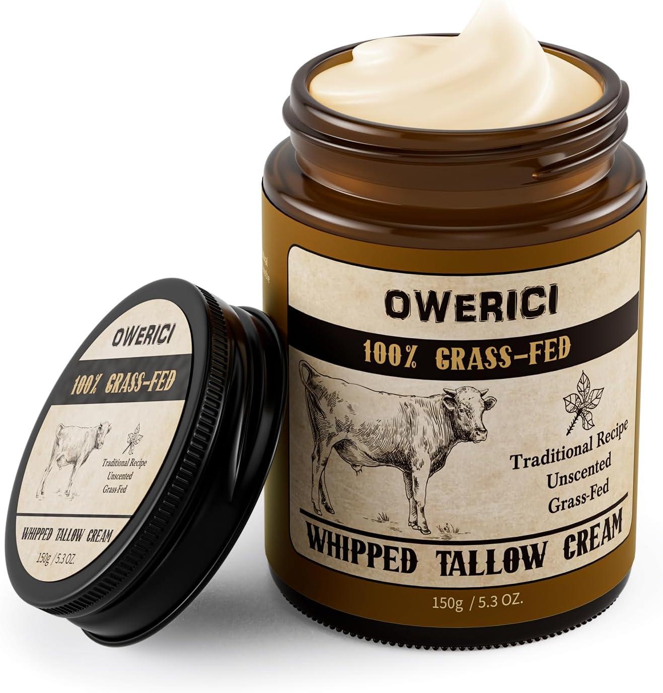Beef Tallow for Skin, Tallow Face Moisturizer, 100% Grass Fed and Finished, Deeply Moisturizing for Face & Body, Whipped Cream Natural Care for Soft Supple (5.3 OZ., Extra Large)
