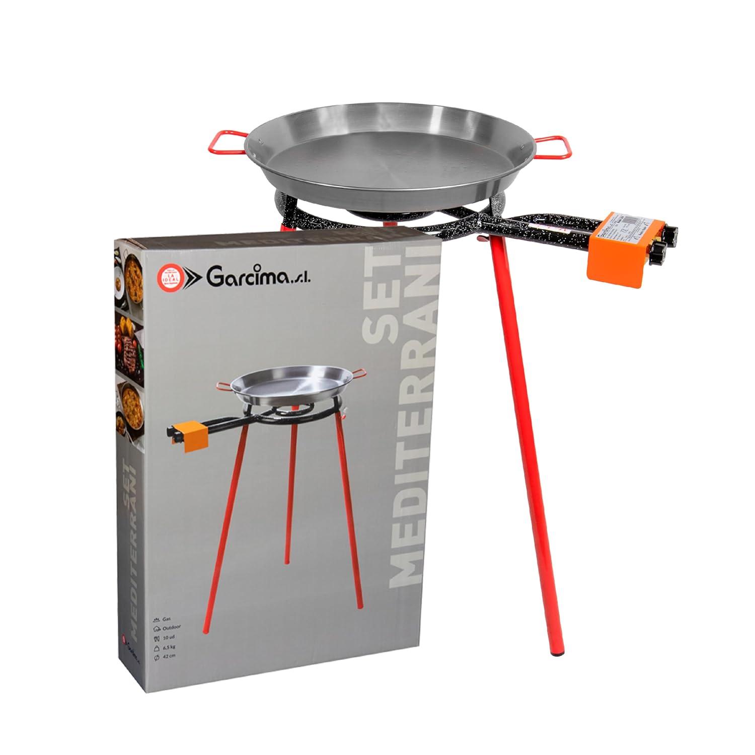 Machika Paella Pan Set with Burner Carbon Steel Outdoor Pan and Legs Manufactured by Garcima (Andreu I 12 Servings)