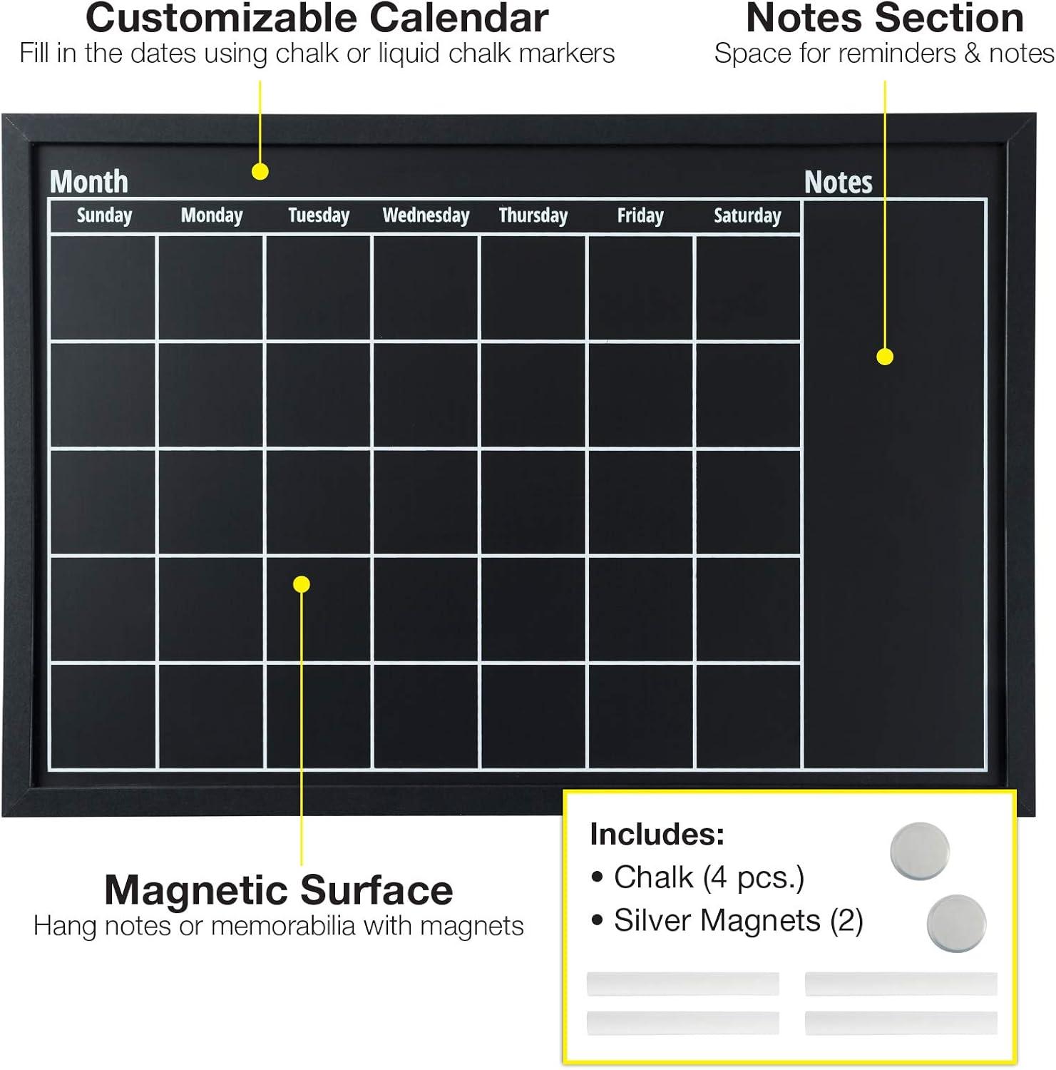 Large Black Magnetic Framed Calendar Chalkboard with Notes Section