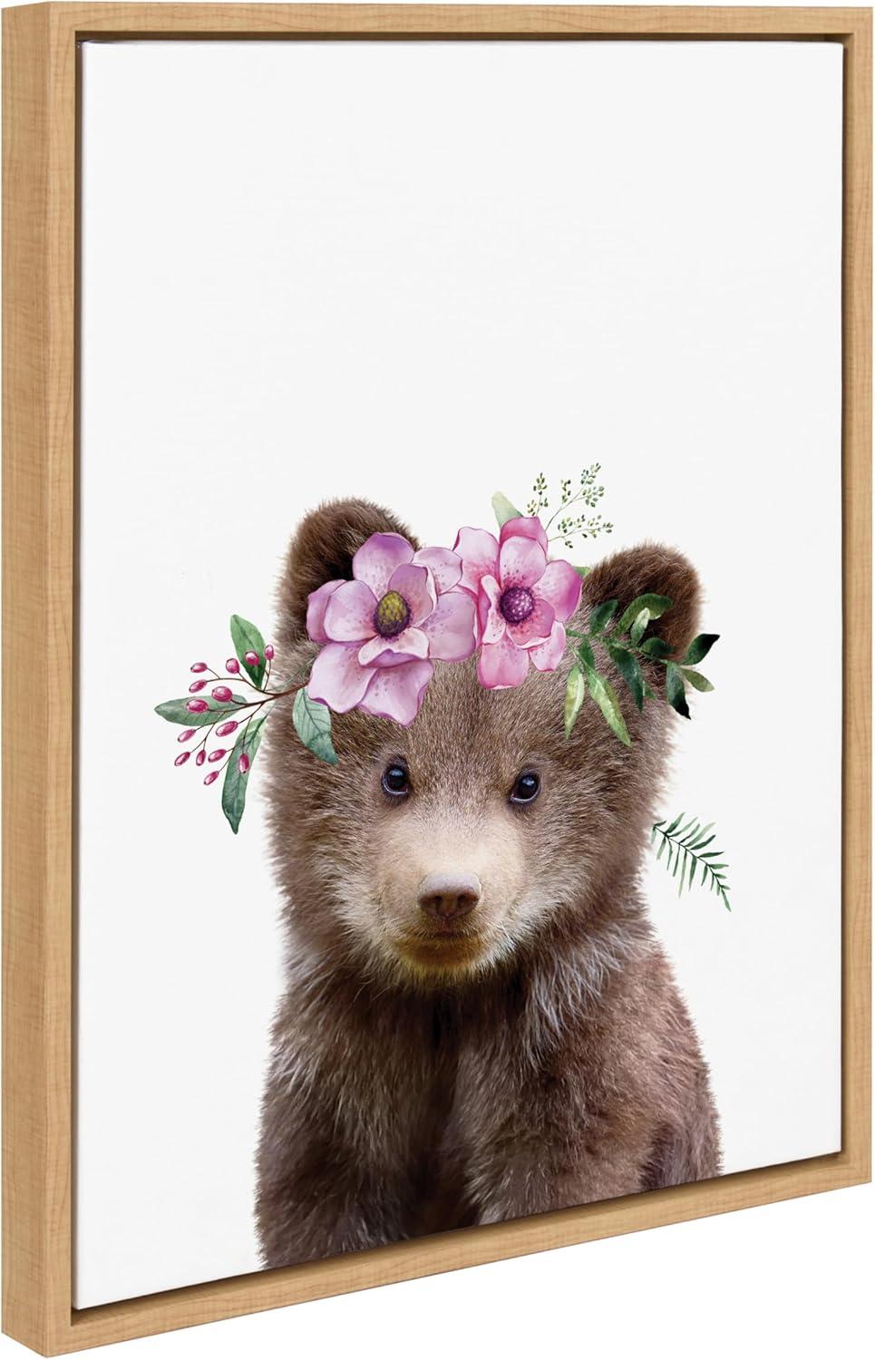 Kate & Laurel All Things Decor 18"x24" Sylvie Flower Crown Bear Framed Wall Art: Nursery Decor, Animal Theme