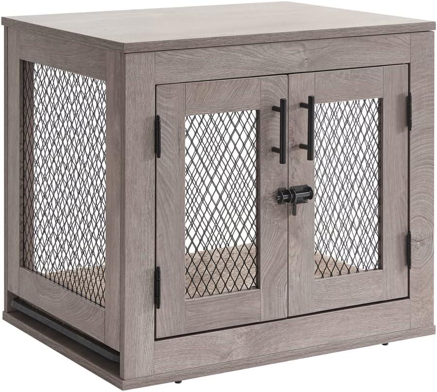 Small Weathered Gray Wooden Pet Crate with Tray