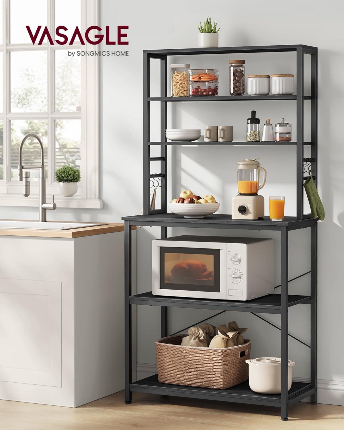 31.5 Inches Coffee Bar Baker's Rack for Kitchen with Storage, 6-Tier Shelves with 6 Hooks, Microwave Stand, Industrial Style, Charcoal Gray and Black UKKS019B22