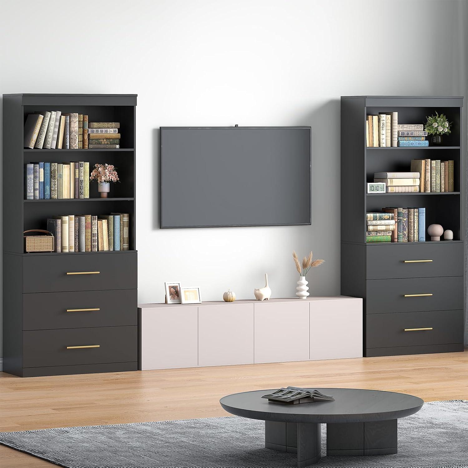 Winkalon 71" H Black Bookshelf with Drawers, Bookshelf and Bookcase with 3-Tier Open Shelves, Tall Bookcase Tall Storage Cabinet for Home Office
