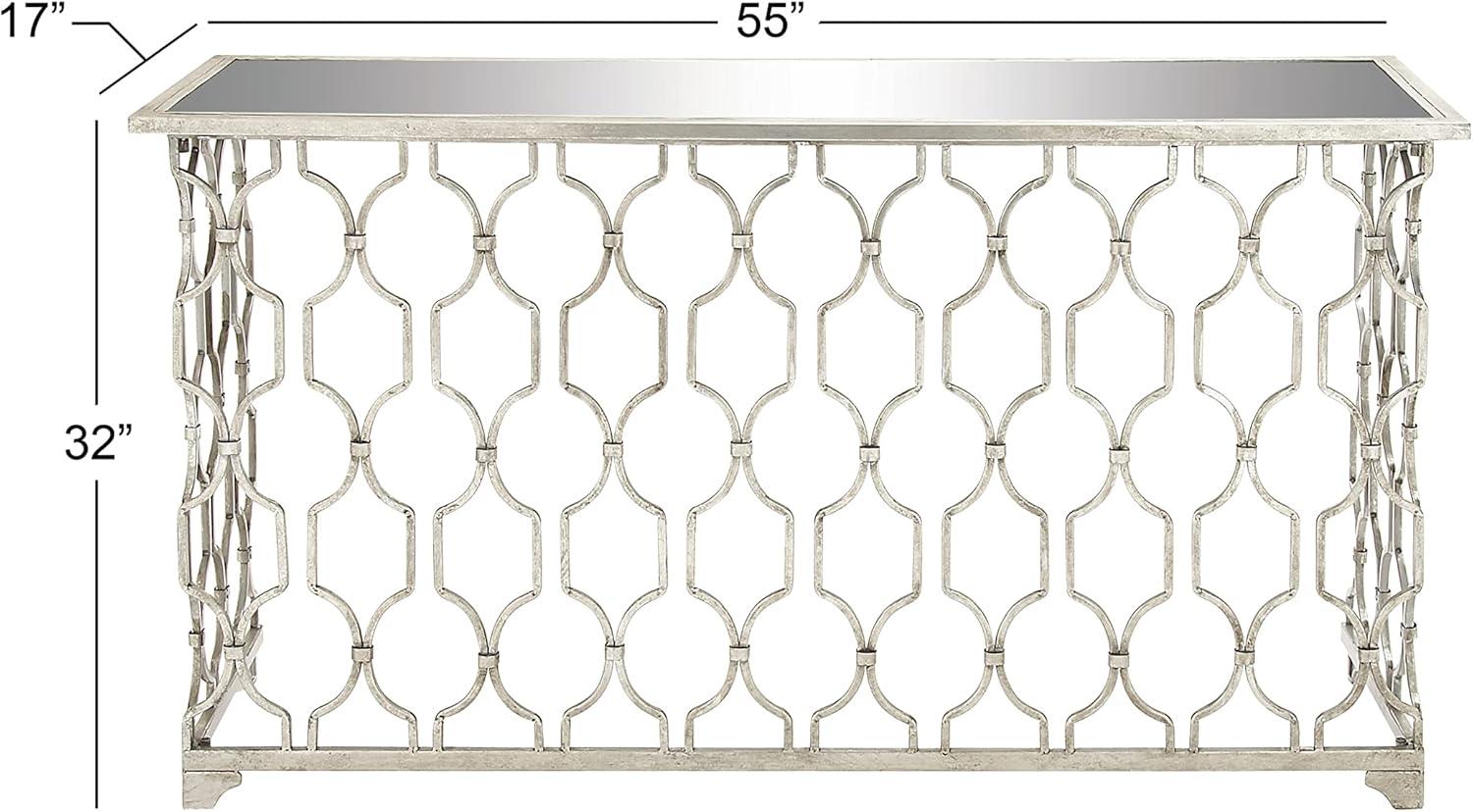 DecMode Contemporary Rectangular Metal with Mirror Top Console Table, 55"W x 32"H Features Silver Circular Trellis Pattern