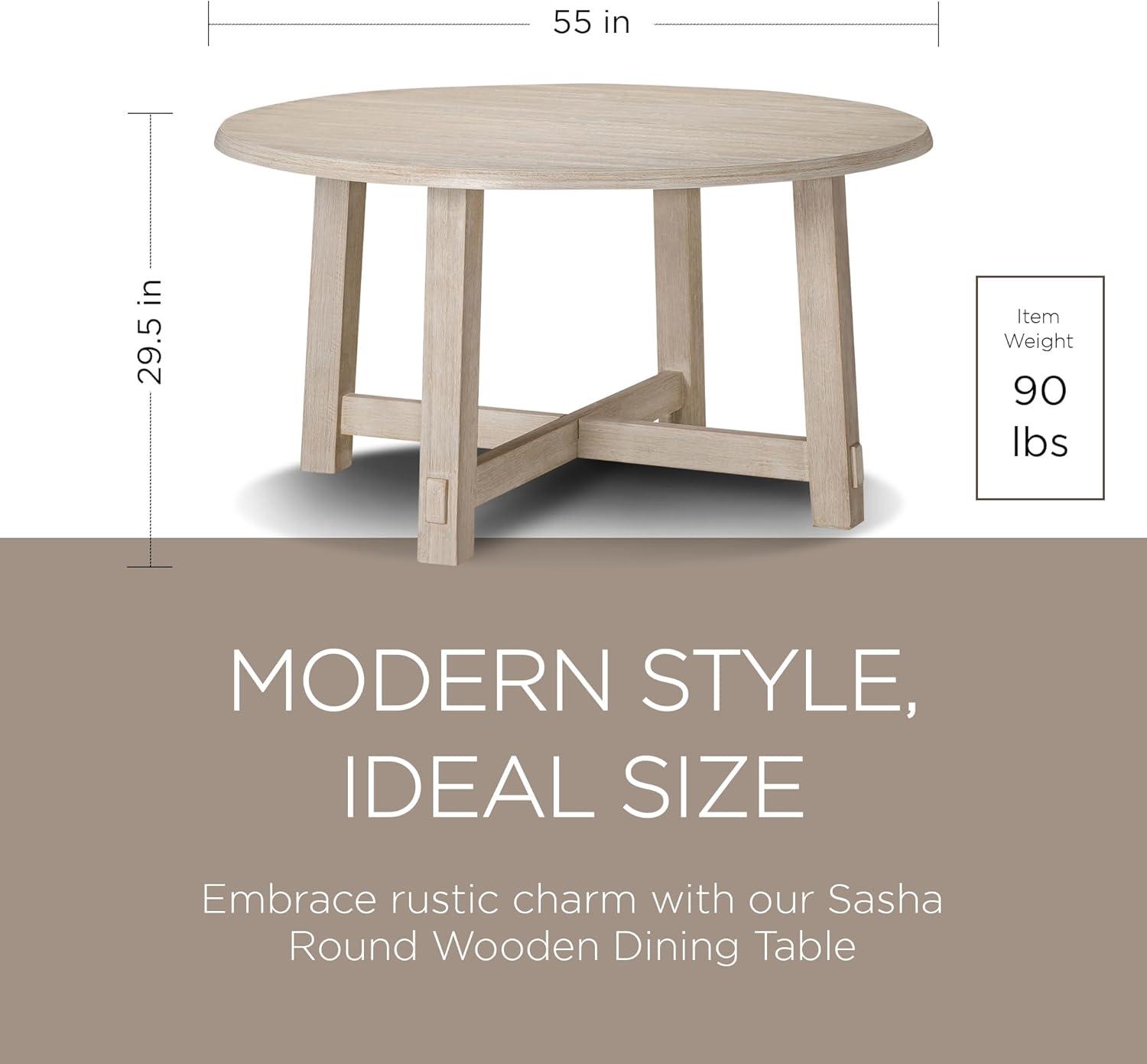 Maven Lane Sasha Round Wooden Dining Table in Weathered White Finish