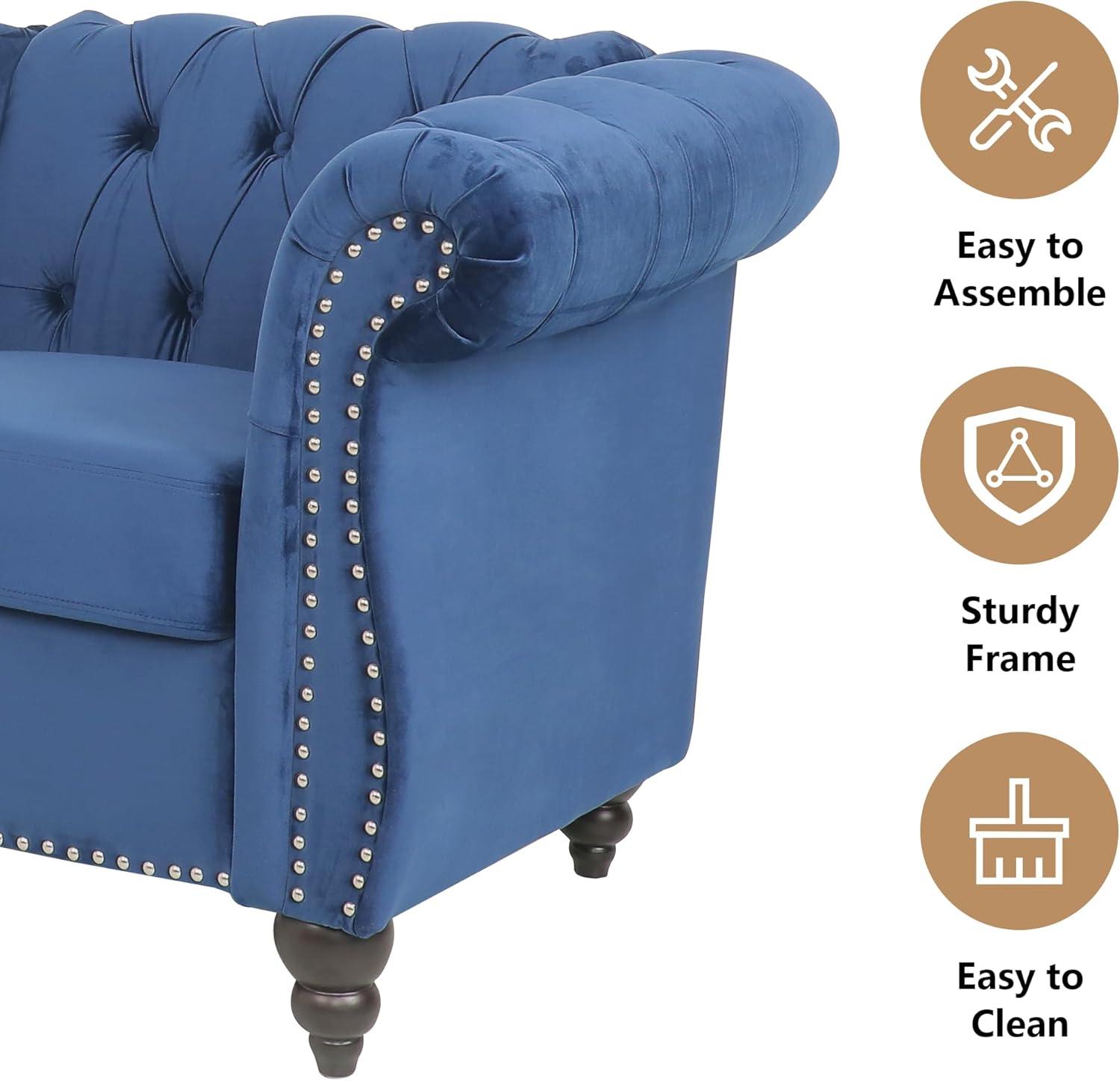 Blue Velvet Chesterfield Accent Chair with Wood Legs