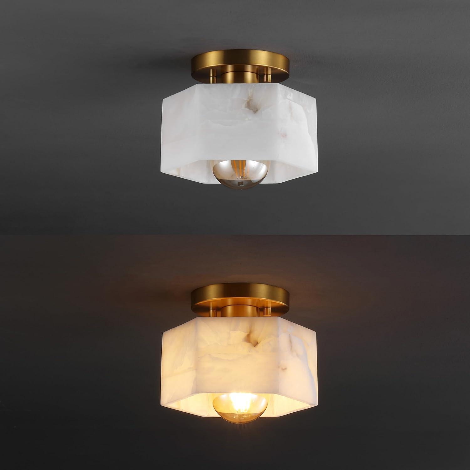 Tessa 8" 1-Light Modern Contemporary Alabaster/Iron Hexagonal LED Semi Flush Mount, White Marbling/Brass Gold