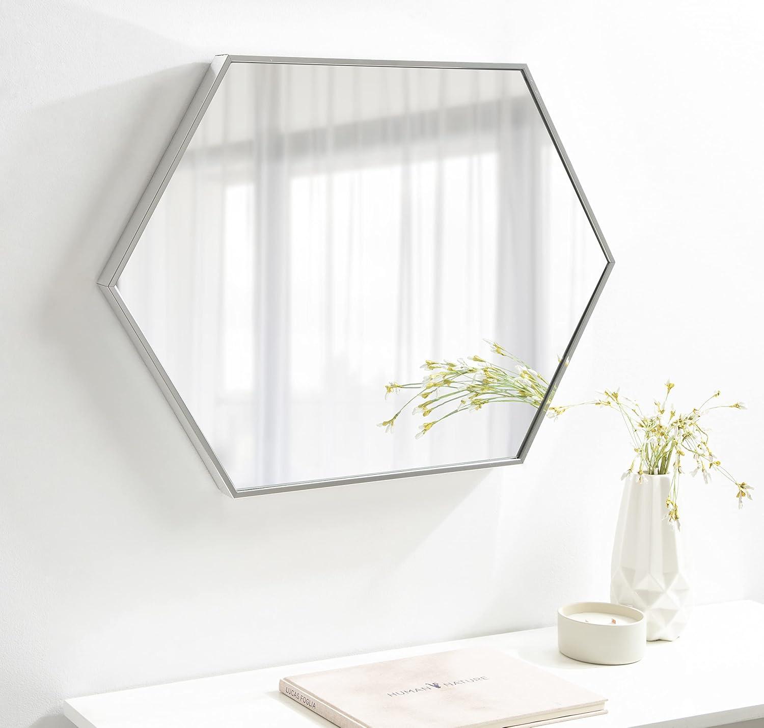 Kate and Laurel Rhodes Modern Hexagon Wall Mirror, 22 x 31, Silver, Decorative Geometric Hexagon MIrror with Chrome Finish for Elegant Contemporary Wall Decor