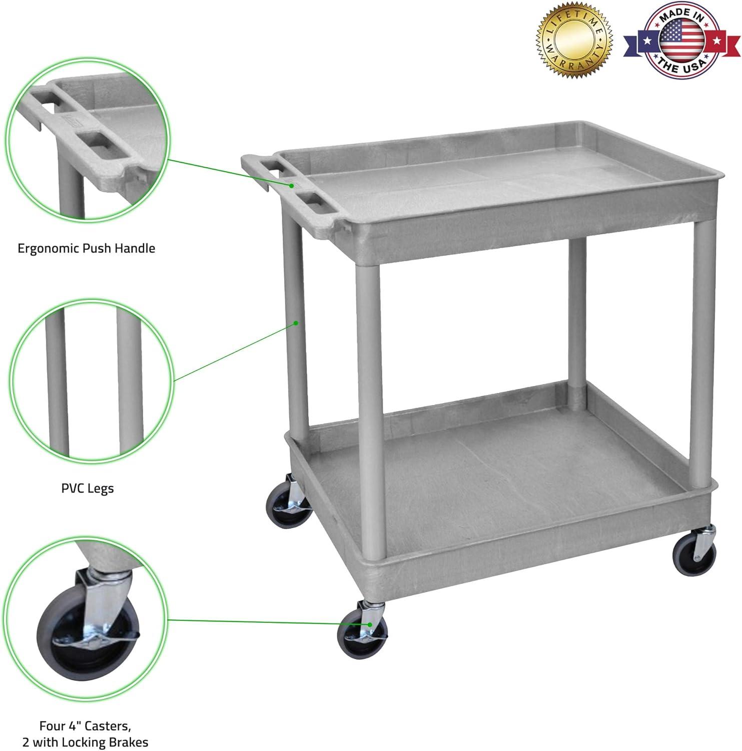 Gray HDPE 2-Shelf Rolling Utility Cart with Ergonomic Handle