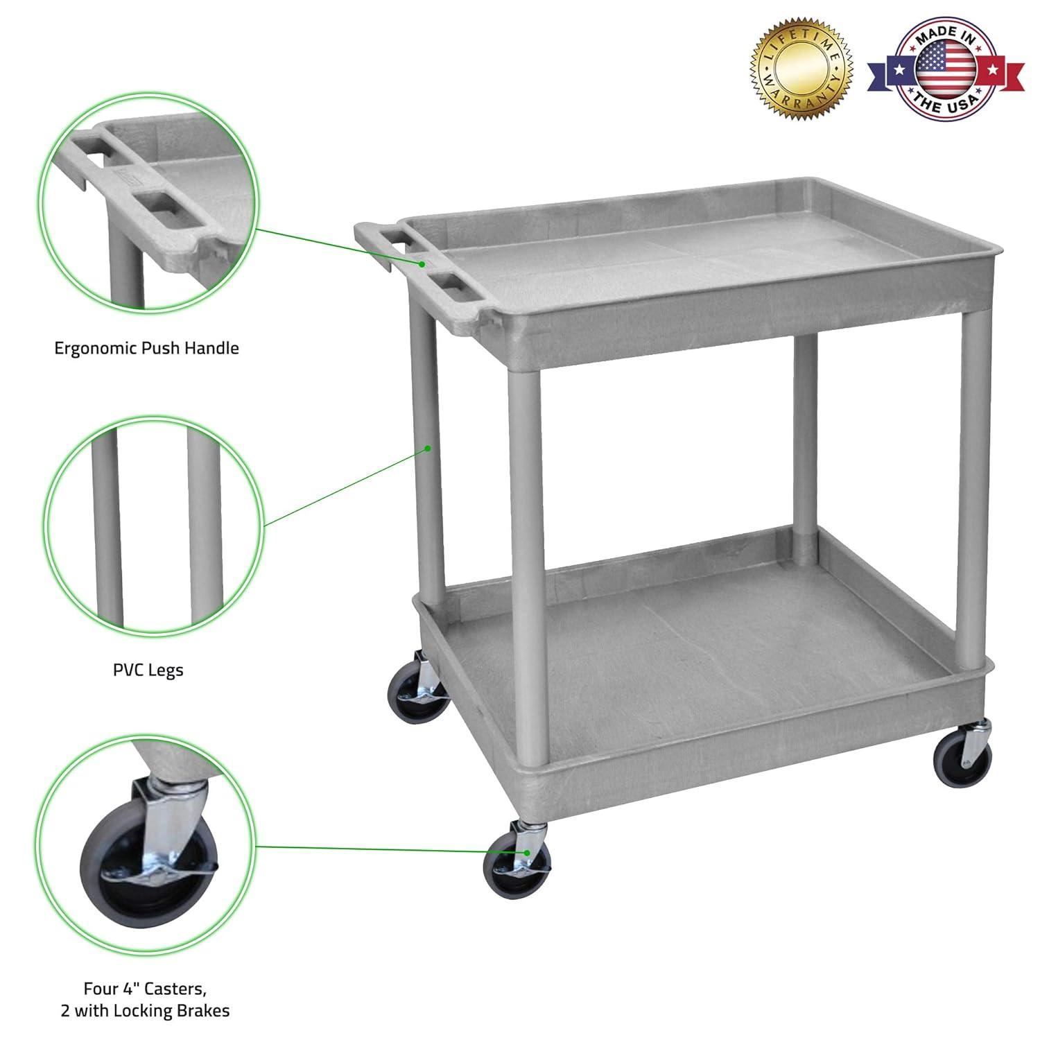 Luxor TC11-G 2 Large Tub Shelves Rolling Utility Cart 32"W x 24"D x 37.5"H - Gray