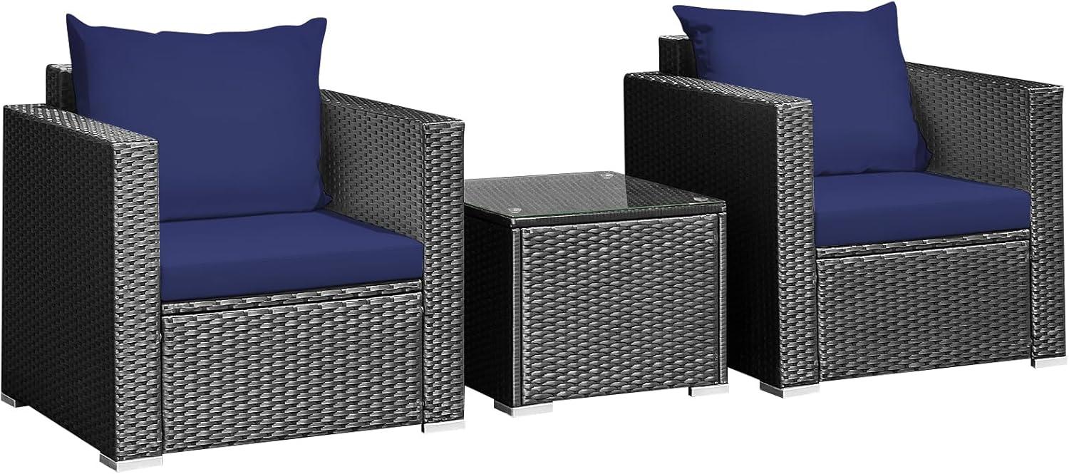 DORTALA 3 Pieces Patio Furniture Set, Outdoor Rattan Sofa Set with Cushions, Tempered Glass Tabletop, Wicker Conversation Furniture Set for Backyard, Garden, Poolside, Balcony, Navy