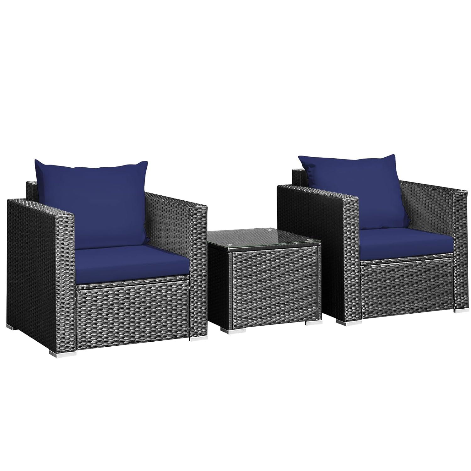 DORTALA 3 Pieces Patio Furniture Set, Outdoor Rattan Sofa Set with Cushions, Tempered Glass Tabletop, Wicker Conversation Furniture Set for Backyard, Garden, Poolside, Balcony, Navy
