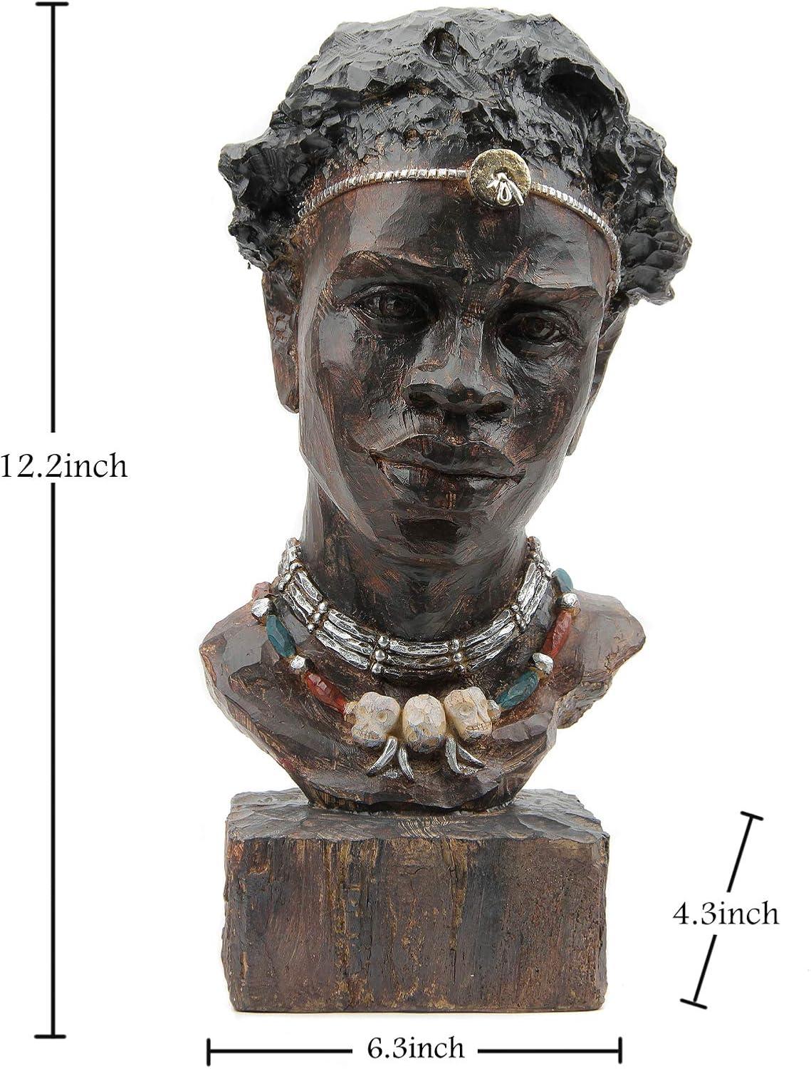 Black Resin African Head Sculpture with Tribal Necklace