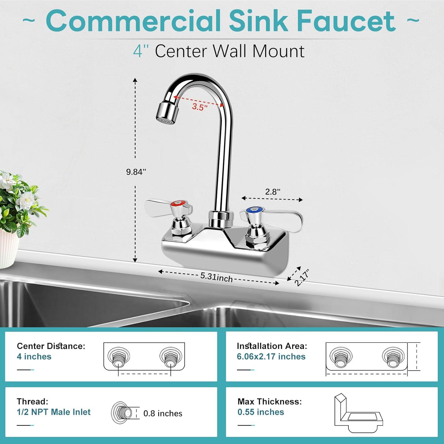 KWODE 4 Inch Center Commercial Hand Sink Faucet with 3-1/2”Gooseneck Spout, Dual Lever Handle Wall Mount Kitchen Sink Faucet, Brass Constructed, Chrome