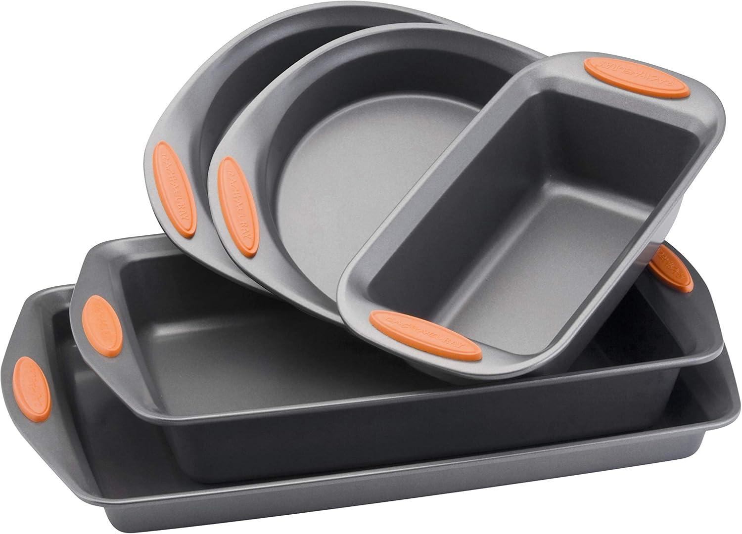 Silver and Orange Nonstick 5-Piece Baking Pan Set