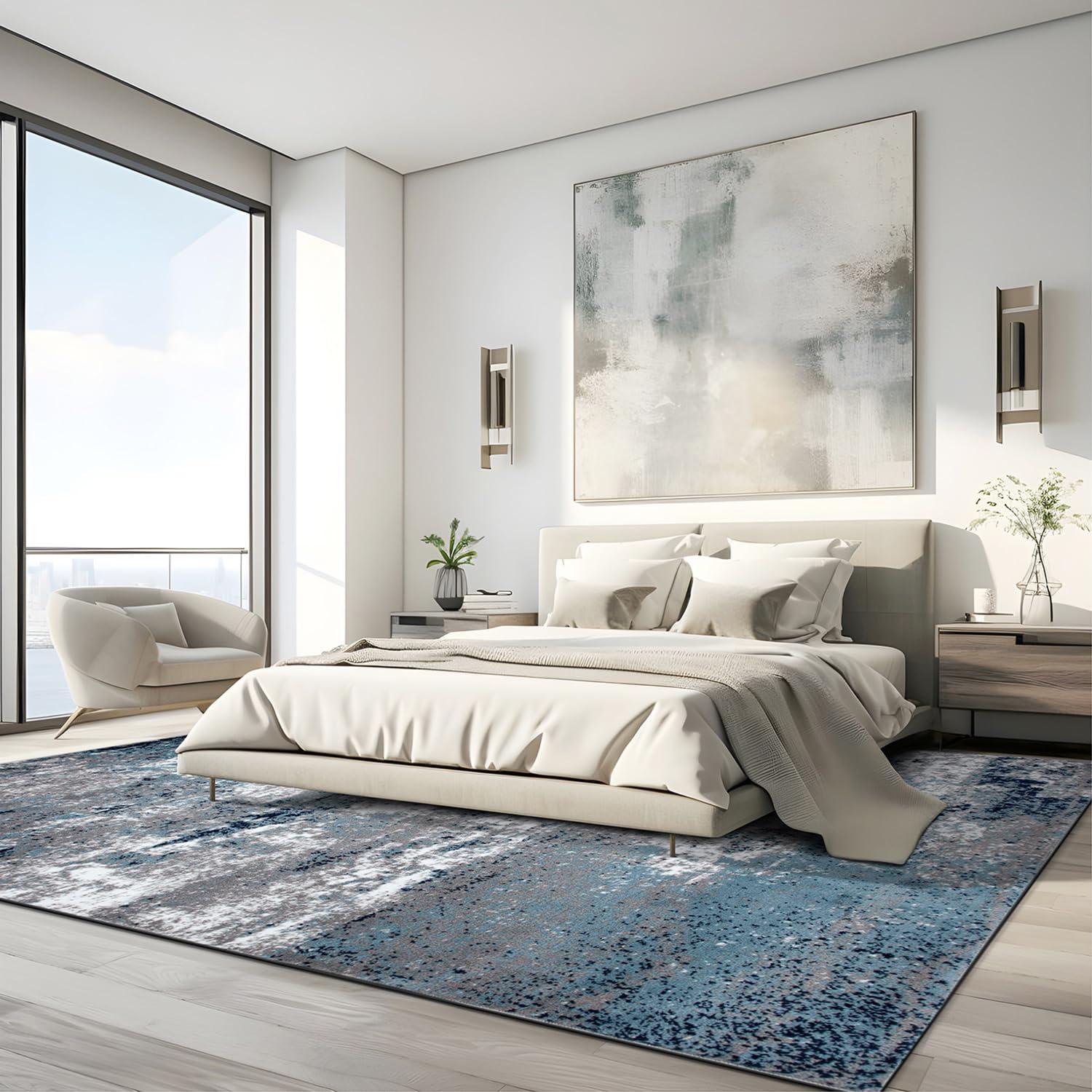 World Rug Gallery Distressed Abstract Watercolor Blue 6'6" x 9' Area Rug