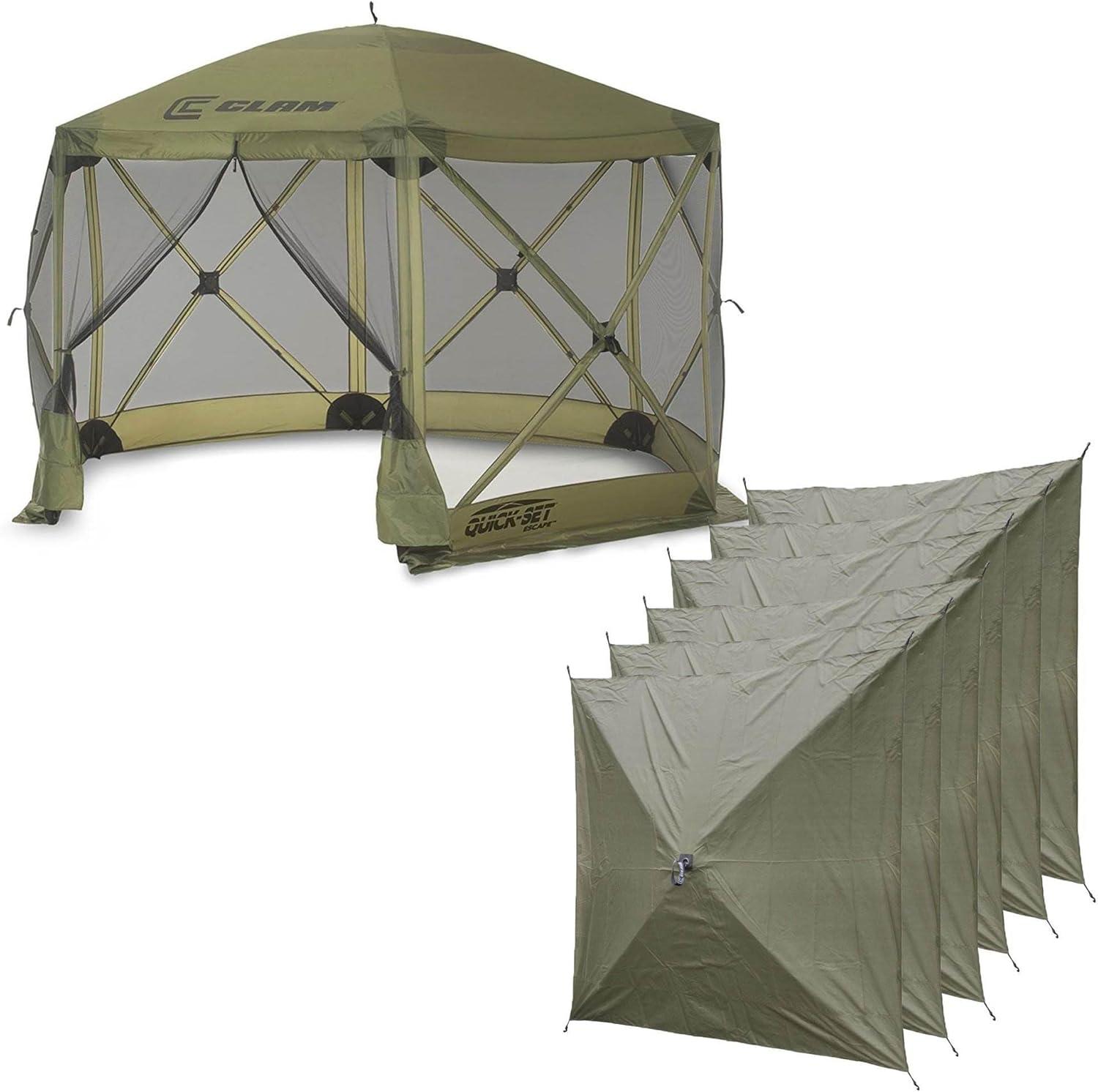 CLAM Quick-Set Escape 11.5 x 11.5 Ft Portable Pop-Up Outdoor Camping Screen Tent 6-Sided Canopy Shelter w/ Carry Bag & 6 Sun and Wind Panels, Green