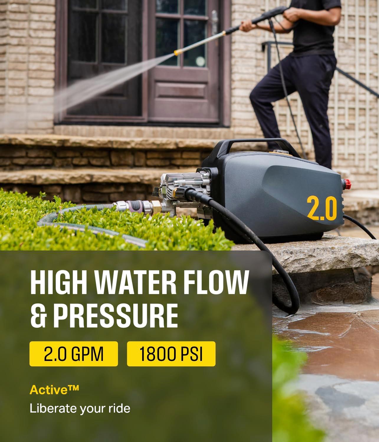 ACTIVE 2.0 Electric Pressure Washer - 2.0 GPM Flow and 1800 PSI Peak Pressure, Pressure washers for Power Wash, Power Washers Electric Powered, Wall Mount Pressure Washer, Hidrolavadora Electrica