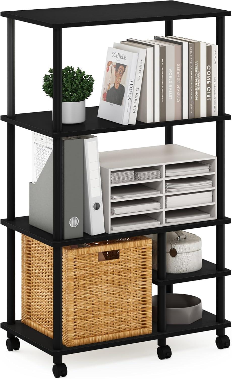 Furinno Turn-N-Tube 4-Tier Toolless Multipurpose Printer Stand Display Storage Shelf with Wheels, Americano/Black